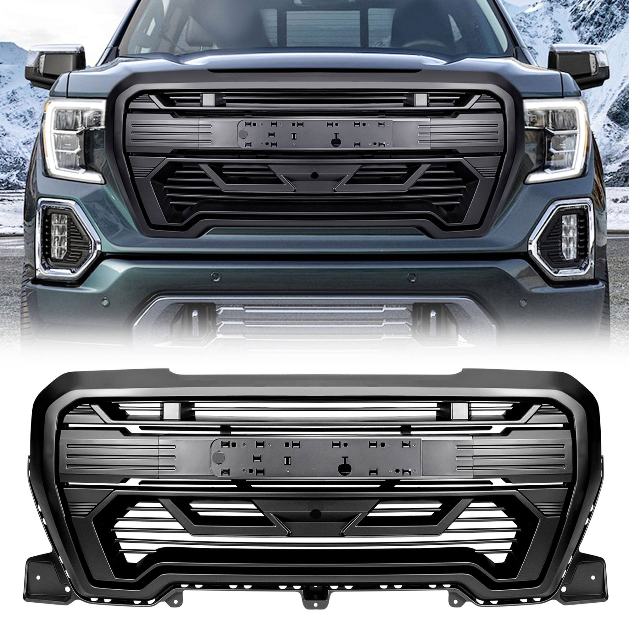 Front. AMERICAN MODIFIED - AMERICAN MODIFIED Grille w/Emblem Base, 2019-2021 GMC Sierra 1500, Matte Black - Matte Black.