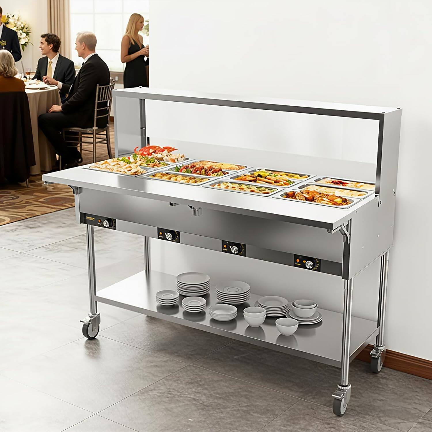 Alt View 7. Winado - 96QT Electric Commercial Food Warmer 2000W, 12-Pan Steam Table 8QT/Pan Stainless Steel Bain Marie w/Overshelf Undershelf - Silver.