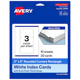 Avery - Printable Cards with Rounded Corners, 3" x 5", 30ct - Matte White