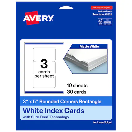 Go to avery.com/templates
Use Avery Presta Template 95338
Matte White
3 cards per sheet
10 sheets
30 cards
3" x 5" Rounded Corners Rectangle
White Index Cards with Sure Feed Technology for Laser/Inkjet