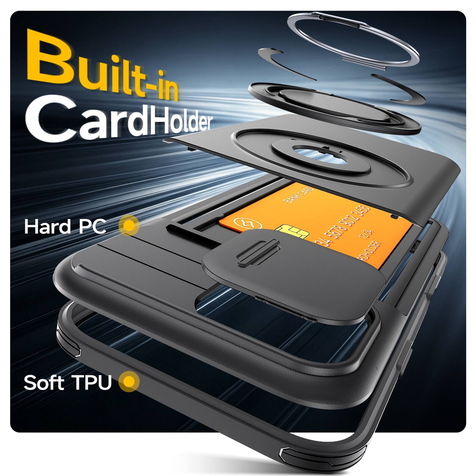 Built-in CardHolder  
BANK CAE 9012 3455  
Hard PC  
F 34 5678 7  
= ROHOLDER  
Soft TPU