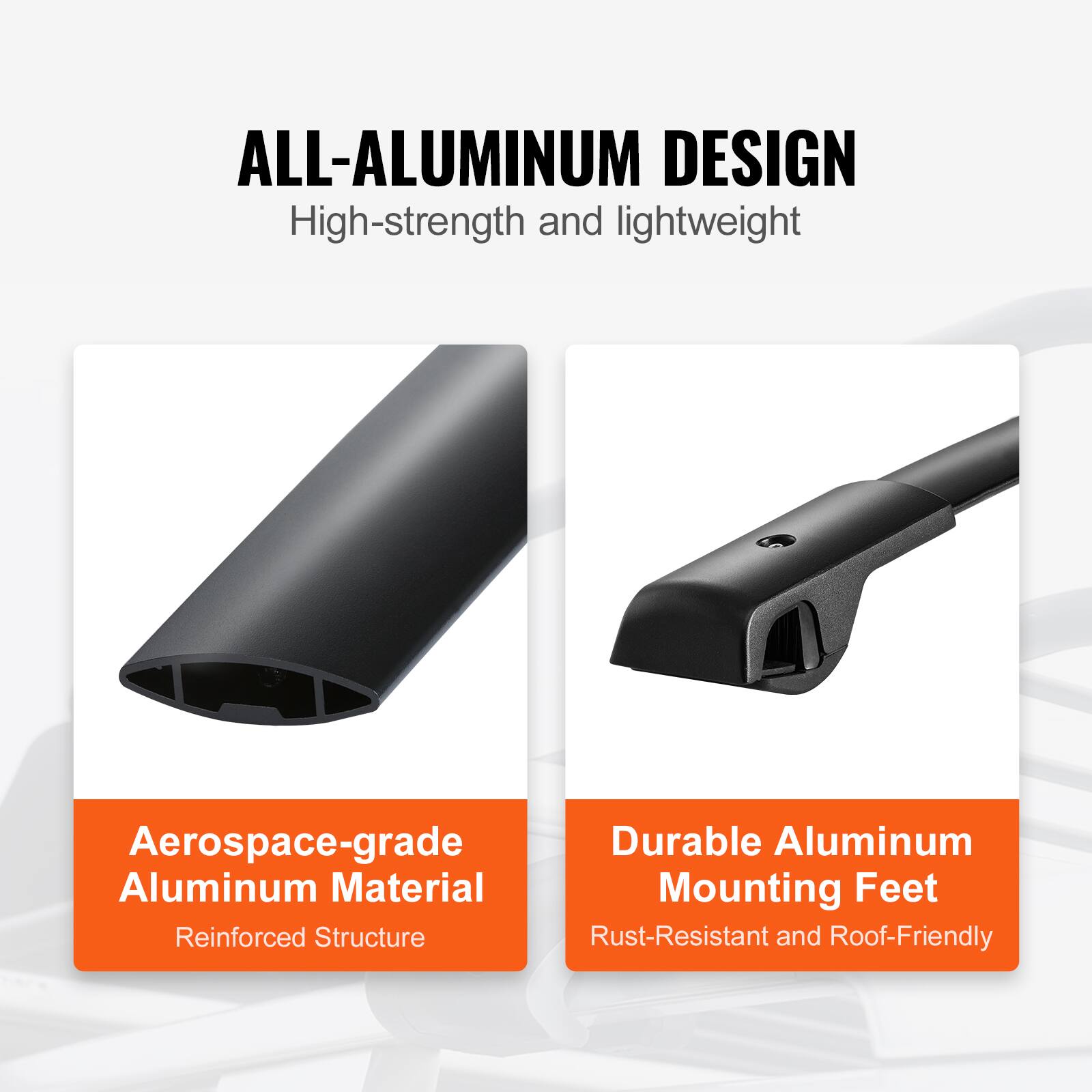 The corrected and grouped text from the image is:

- **ALL-ALUMINUM DESIGN**
  - High-strength and lightweight

- **Aerospace-grade Aluminum Material**
  - Reinforced Structure

- **Durable Aluminum Mounting Feet**
  - Rust-Resistant and Roof-Friendly