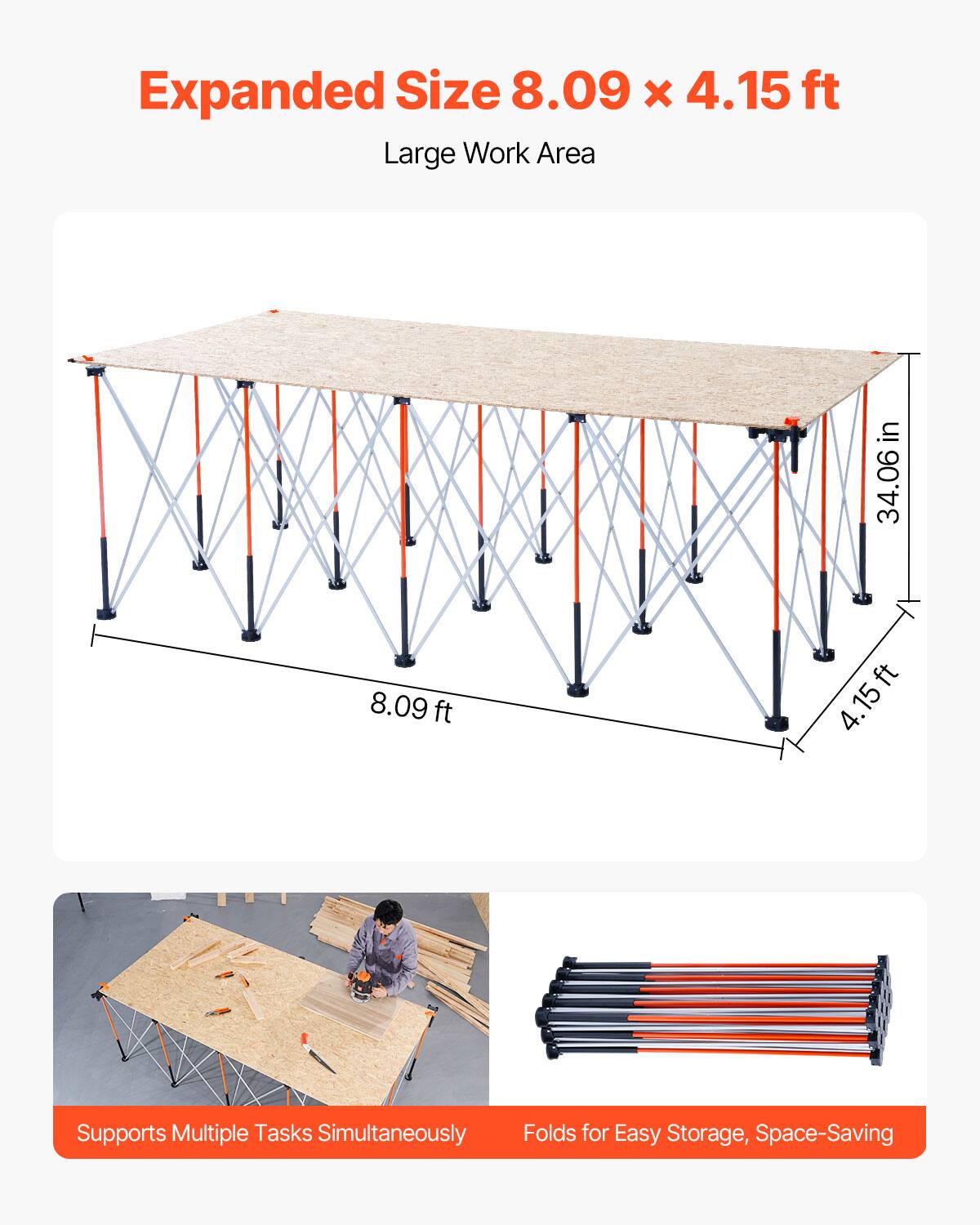 Expanded Size 8.09 x 4.15 ft  
Large Work Area  

Supports Multiple Tasks Simultaneously  
Folds for Easy Storage, Space-Saving