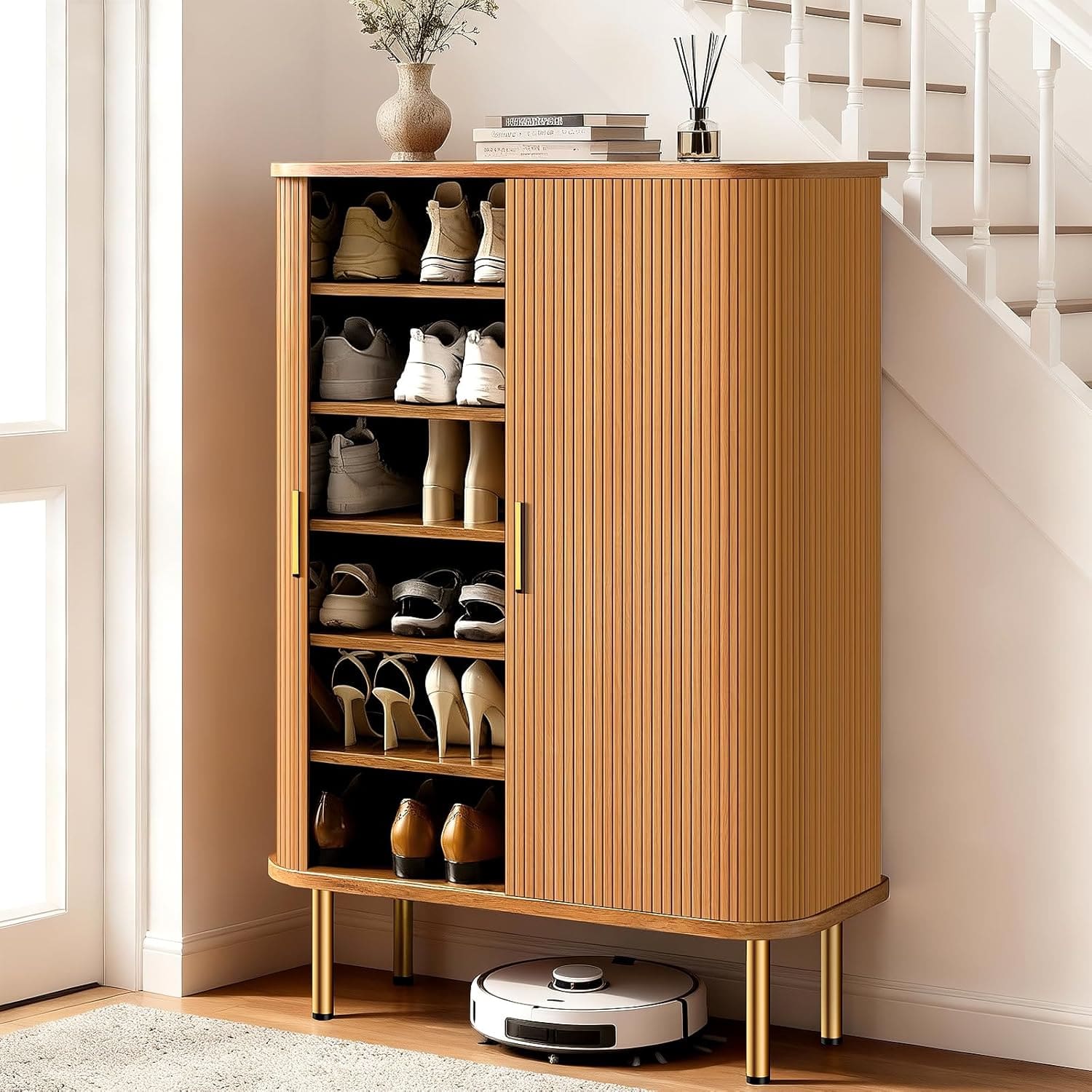 Tiramisubest - 31.5" 6-Tier Shoe Storage Cabinet with Sliding Door & Adjustable Shelves,Mid-Century Freestanding Shoe Storage Organizer - Yellow