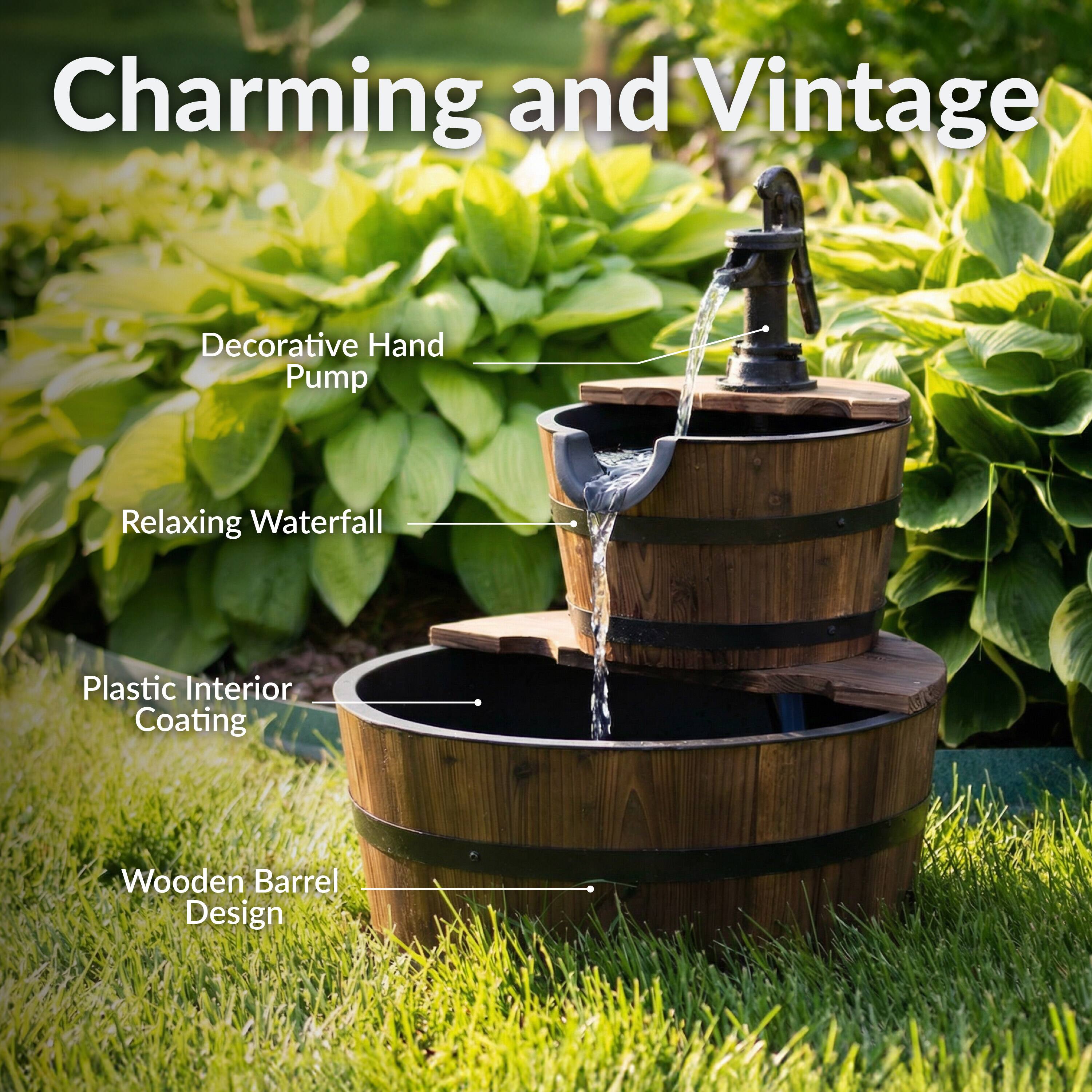 Charming and Vintage Decorative Hand Pump Relaxing Waterfall Plastic Interior Coating Wooden Barrel Design