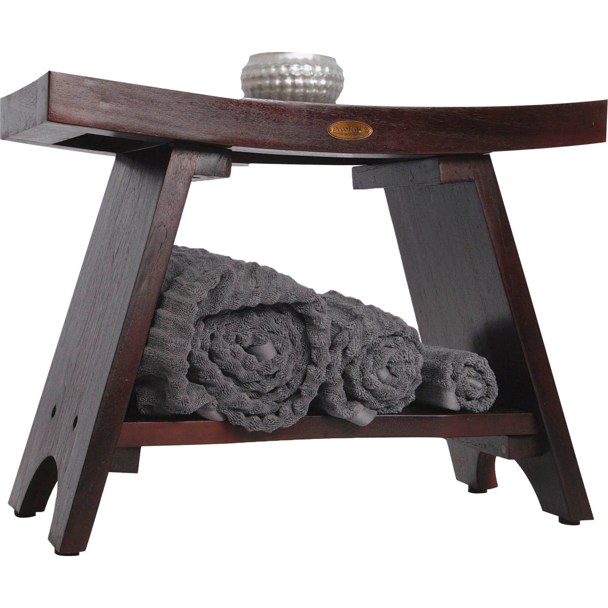 Left. DecoTeak - DecoTeak® Serenity® 24" Teak Wood Shower Bench with Shelf in Woodland Brown Finish - Woodland Brown.
