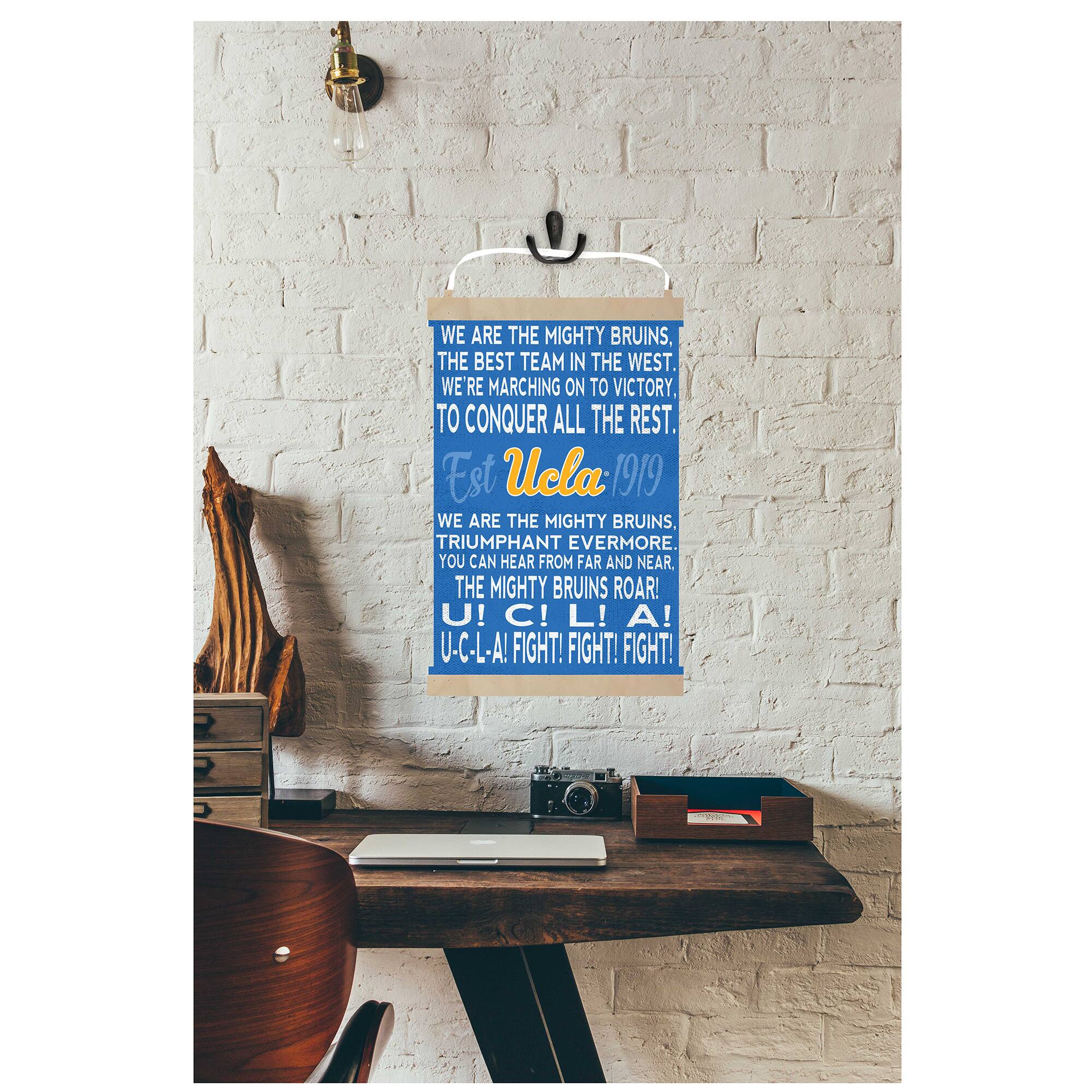 WE ARE THE MIGHTY BRUINS, THE BEST TEAM IN THE WEST. WE'RE MARCHING ON TO VICTORY, TO CONQUER ALL THE REST.  
Est. UCLA 1919  
WE ARE THE MIGHTY BRUINS, TRIUMPHANT EVERMORE YOU CAN HEAR FROM FAR AND NEAR. THE MIGHTY BRUINS ROAR!  
U! U!C!L!A! C! L! A! U-C-L-A! FIGHT! FIGHT! FIGHT!