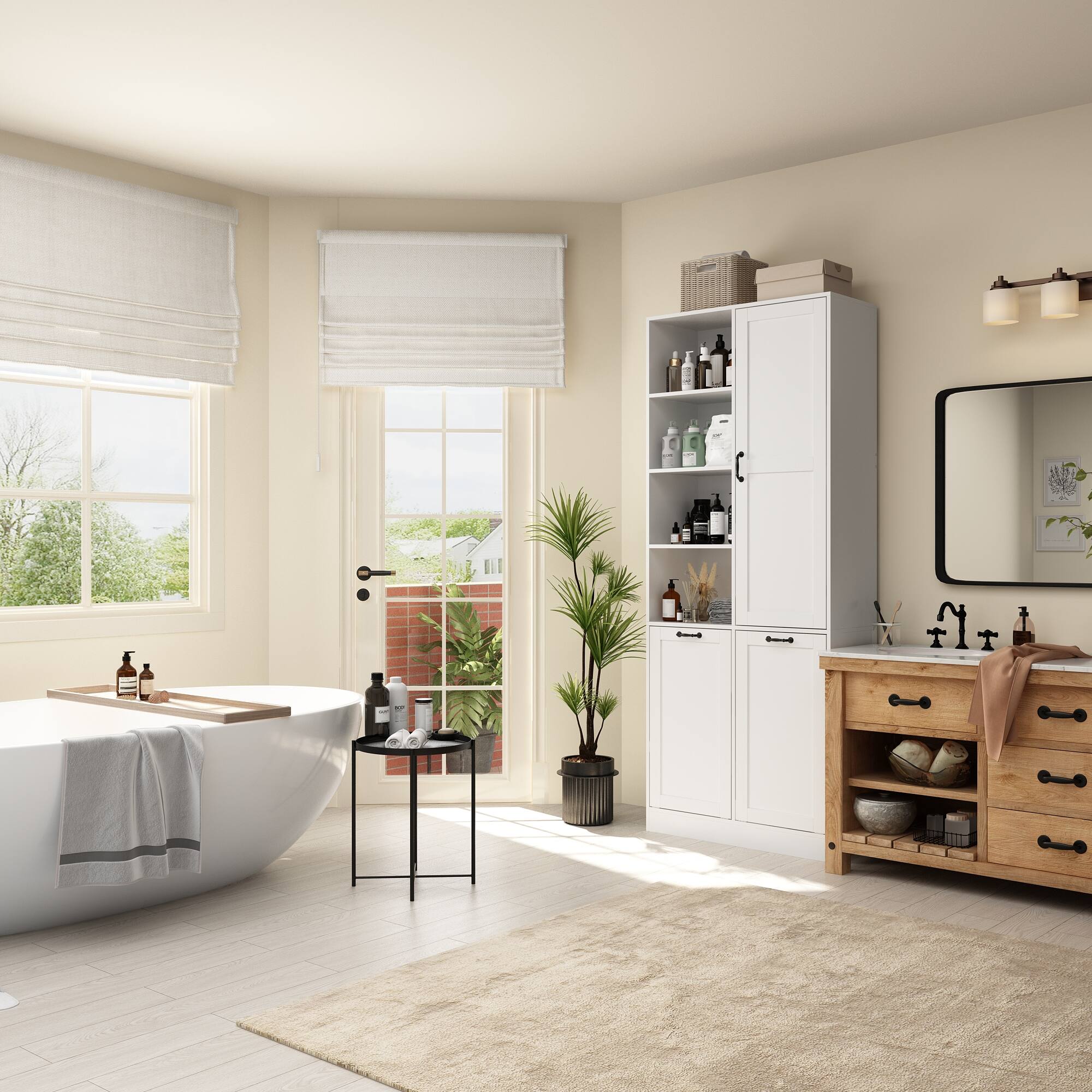 Alt View 8. Famapy - Bathroom Storage Cabinet with Laundry Hamper, Multi-Tier Organizer Shelf for Towels, Toiletries, Laundry Room - White.