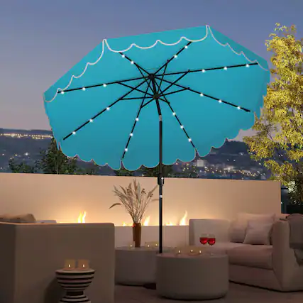 Front. Mondawe - 9.3 ft Solar Patio Umbrella 24 LED Lights Vented Top Crank Tilt Ruffled - Turquoise.