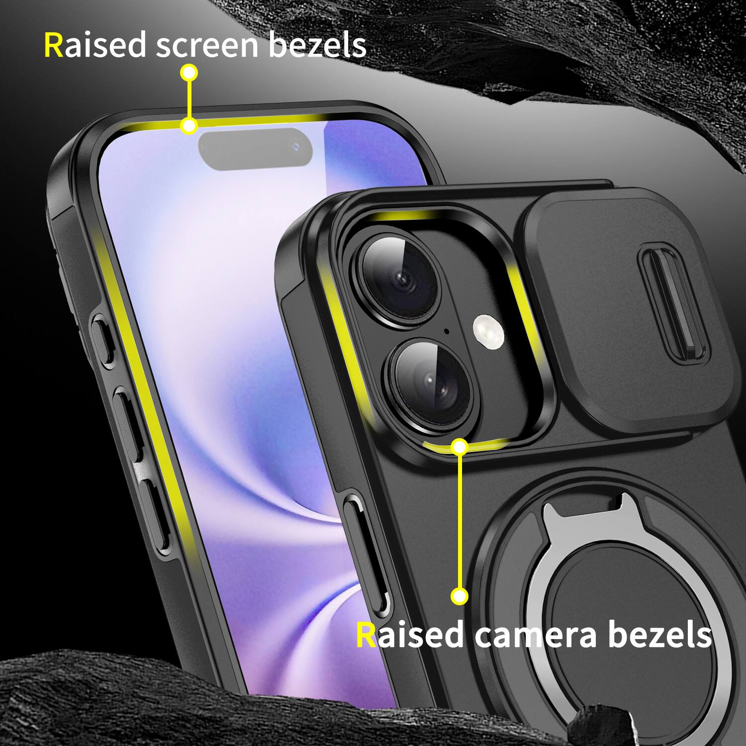 Raised screen bezels  
Raised camera bezels