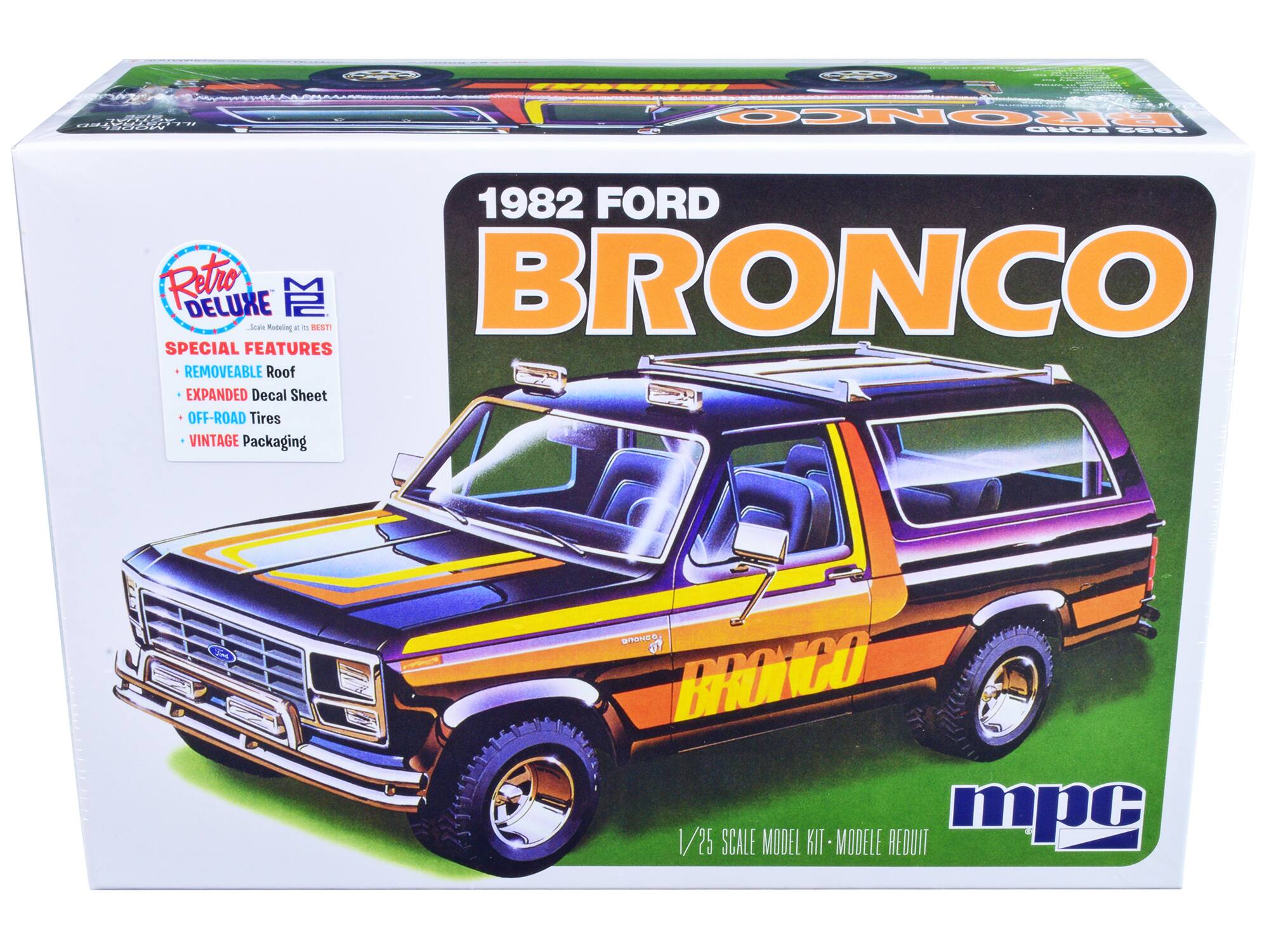1982 FORD BRONCO

Retro DELUXE
Scale Modeling at its BEST

SPECIAL FEATURES
- REMOVABLE Roof
- EXPANDED Decal Sheet
- OFF-ROAD Tires
- VINTAGE Packaging

1/25 SCALE MODEL KIT - MODELE REDUIT

mpc