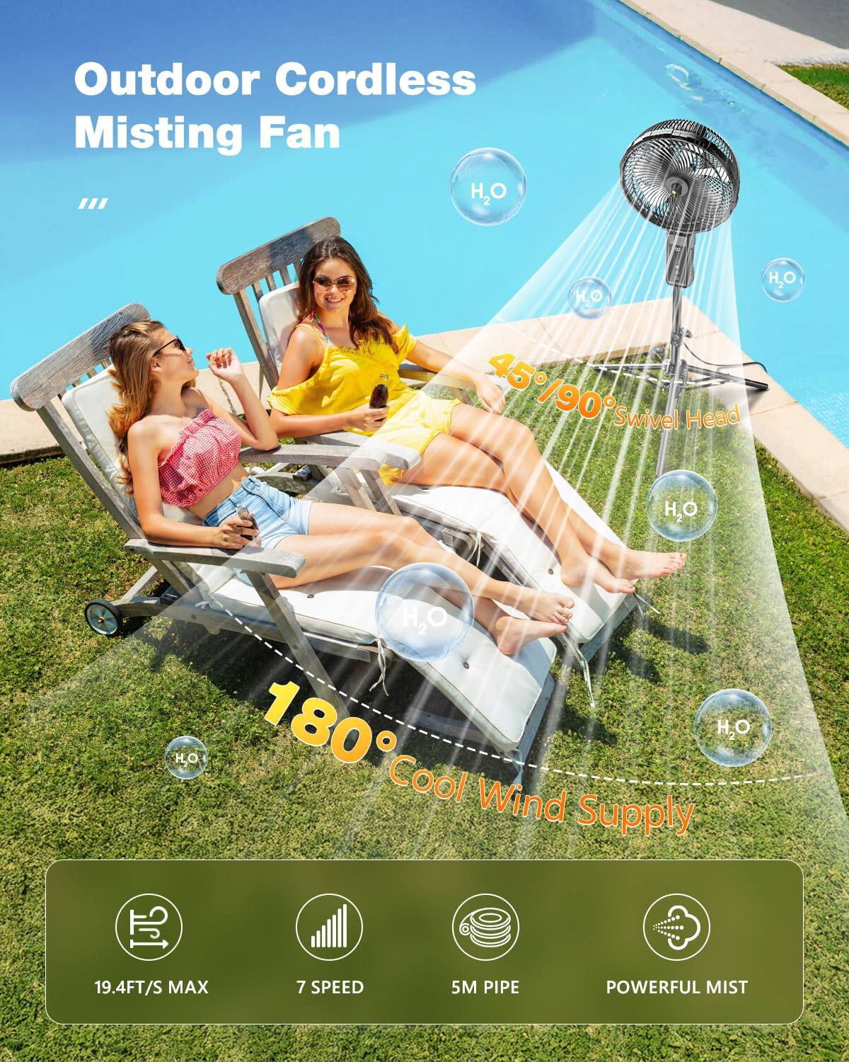 Outdoor Cordless Misting Fan

- 45°/90° Swivel Head
- 180° Cool Wind Supply
- 19.4FT/S MAX
- 7 SPEED
- 5M PIPE
- POWERFUL MIST