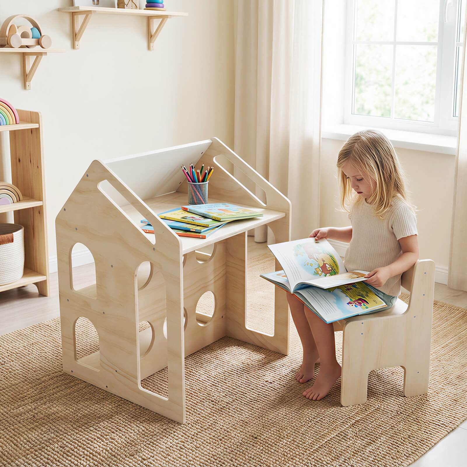 Alt View 1. Costway - Costway House-shaped Kids Table & Chair Set with Top Chalkboard, 2 Open Storage Shelves - Natural + Black.