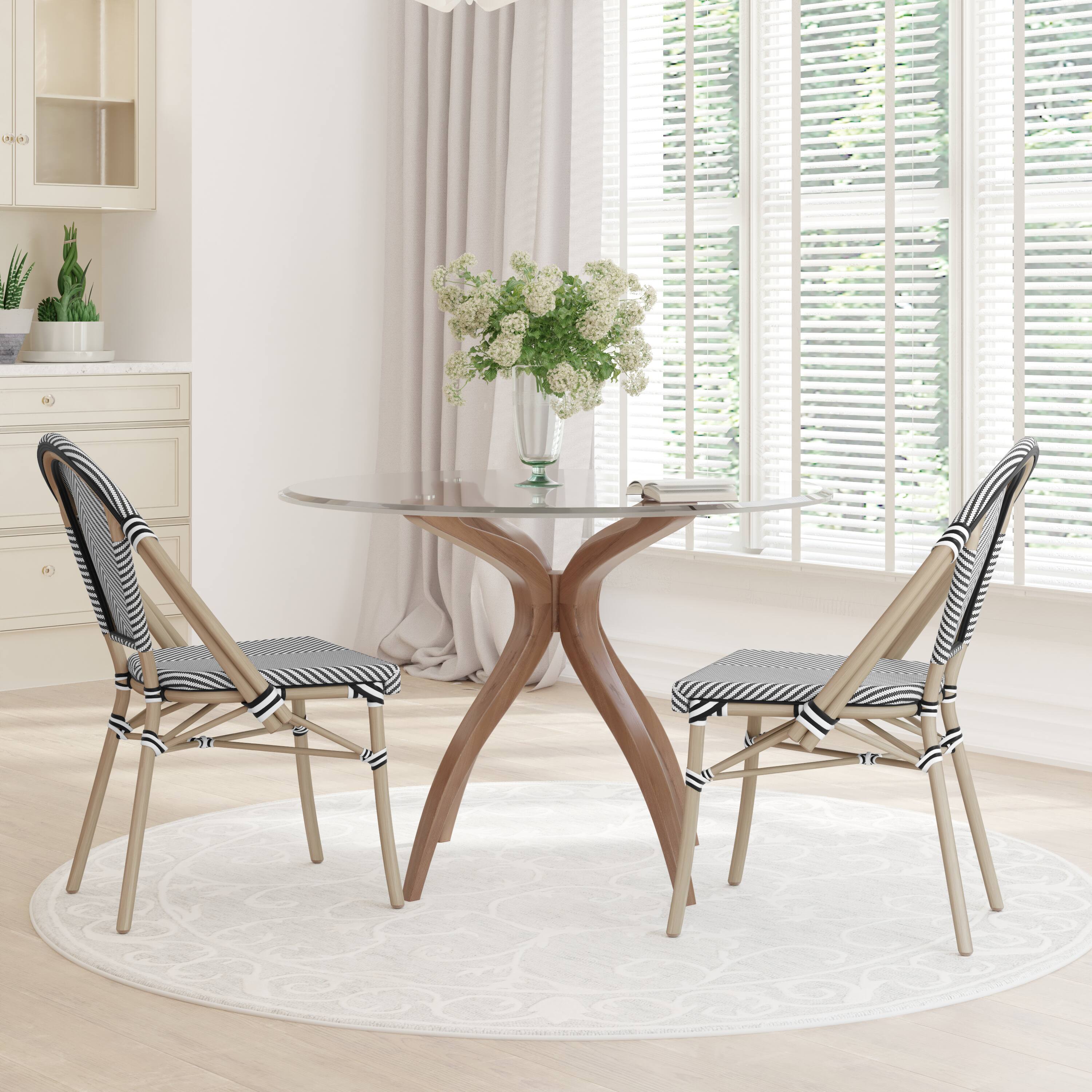 Alt View 2. Emma + Oliver - Massalia Indoor/Outdoor Stacking Bistro Style Chairs with Textilene Seat and Aluminum Frame - Black & White/Light Natural Frame.