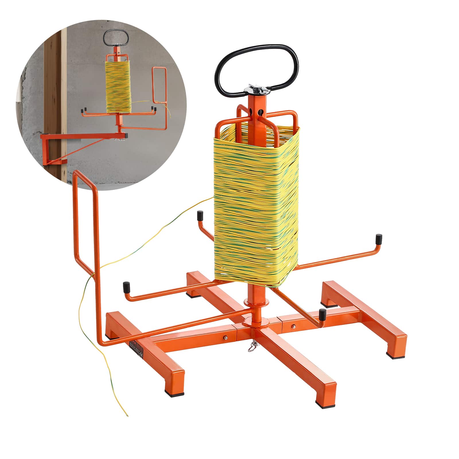 Front. VEVOR - Cable Dispenser, Floor or Stud Mounted, Wire Spool Rack, Portable Wire Rack Dispenser with Anti-Slip Metal Handle - Orange.