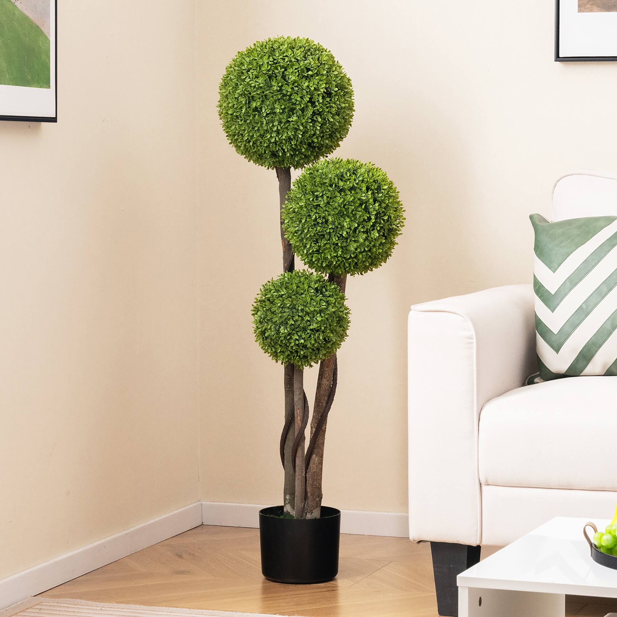 Alt View 3. Gymax - Gymax 4 FT Artificial Boxwood Topiary Ball Tree w/ Triple Ball Faux Greenery Plant - Green, Black.