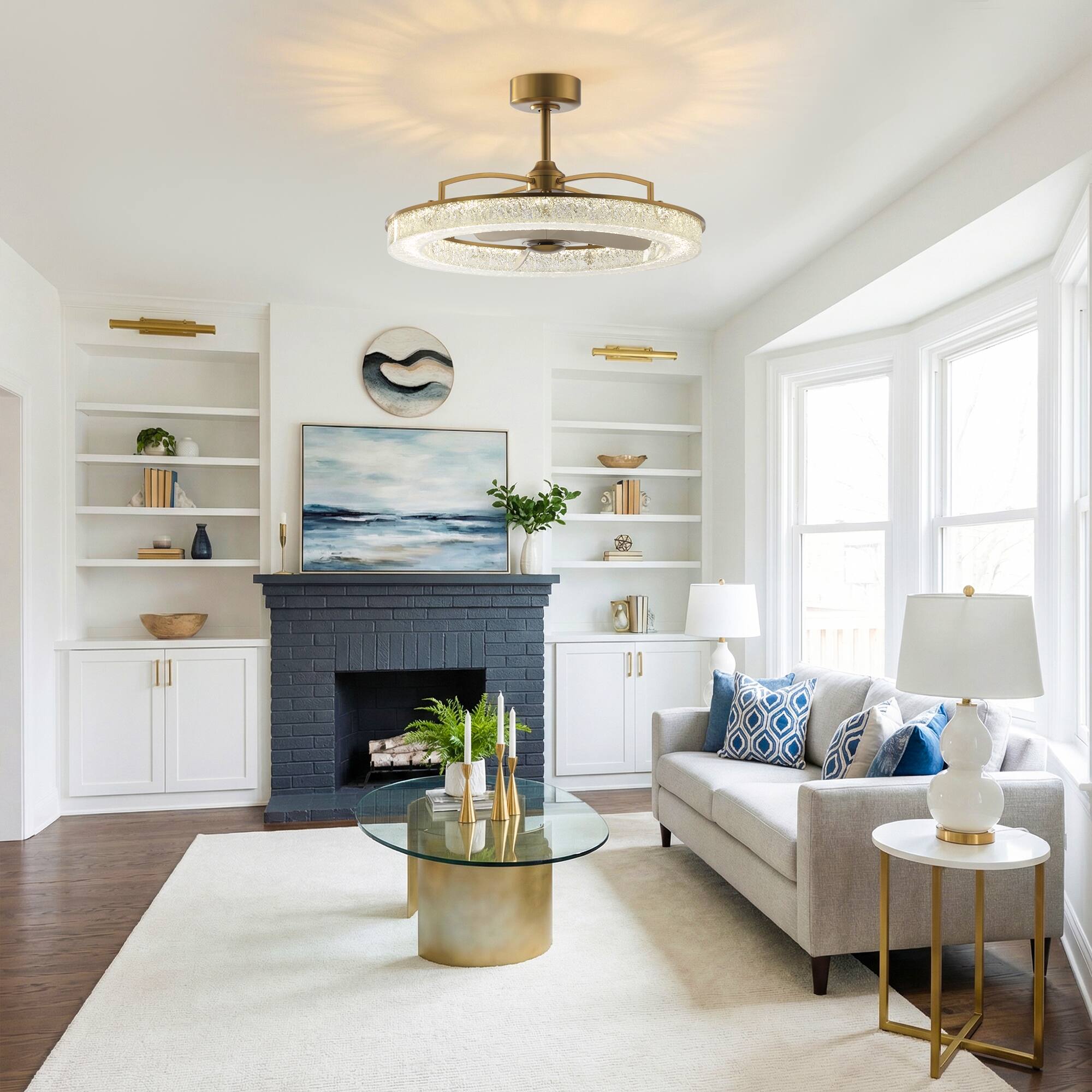 Back. Perimost - 33" Modern Gold Resin Ceiling Fan Chandelier with Remote and DC Reversible Motor - Gold.