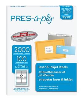Avery - PRES-a-ply Laser/Inkjet Address Labels, 1" x 4", 20 Labels/Sheet, 100 Sheets/Box, 2,000 Labels/Box - Matte White