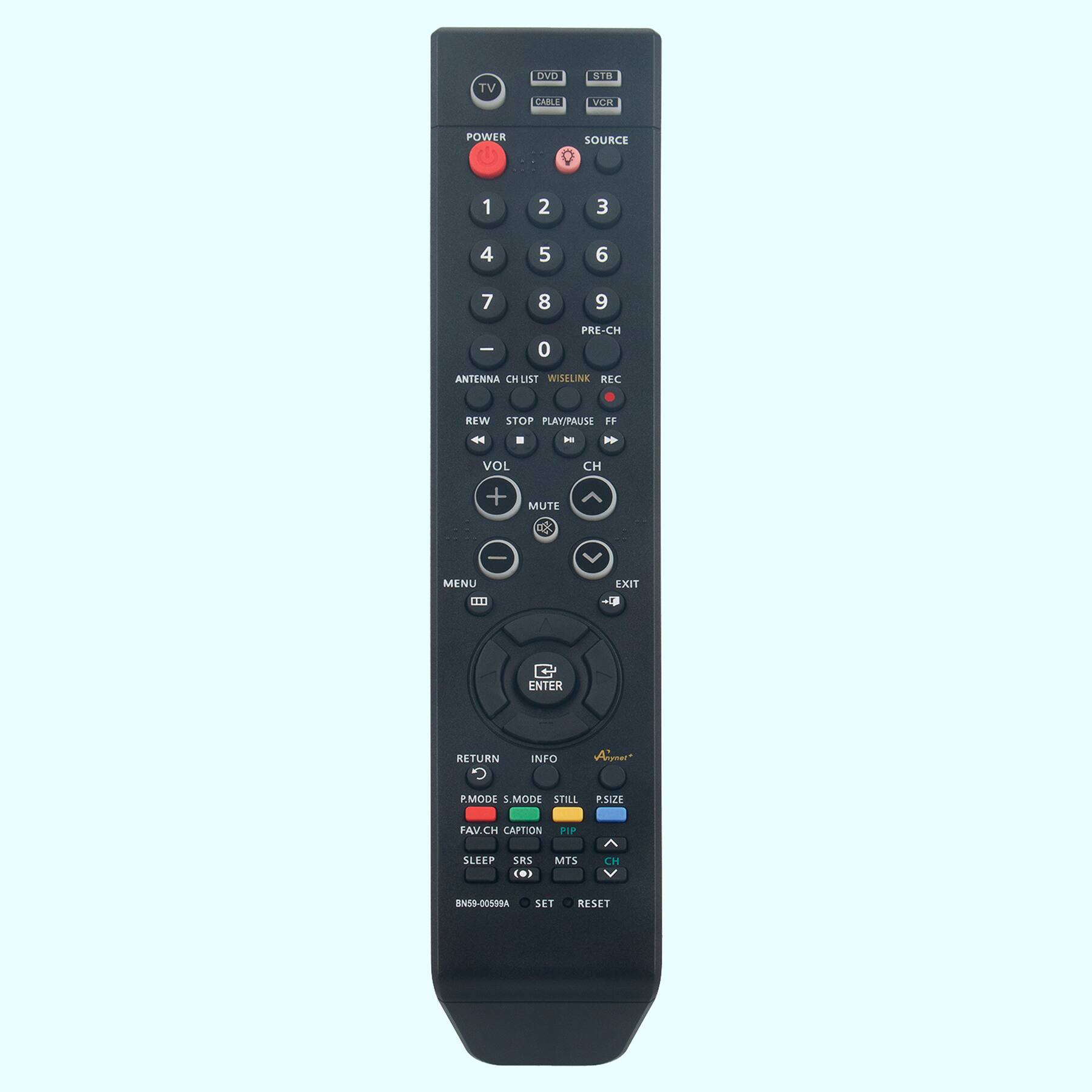 TV DVD CABLE STB VCR POWER SOURCE 1 2 3 4 5 6 7 8 9 0 PRE-CH ANTENNA ON LIST WILLLINK RFC REW STOP PLAY PAUSE FF .. 1 VOL CH + MUTE ax | MENU EXIT I.. ENTER RETURN INFO Airer FMODE S.MODE STILL P.SIZE FAVCH CAPTION FIP SLEEP SRS ETM CH N59-00508A SET RESET