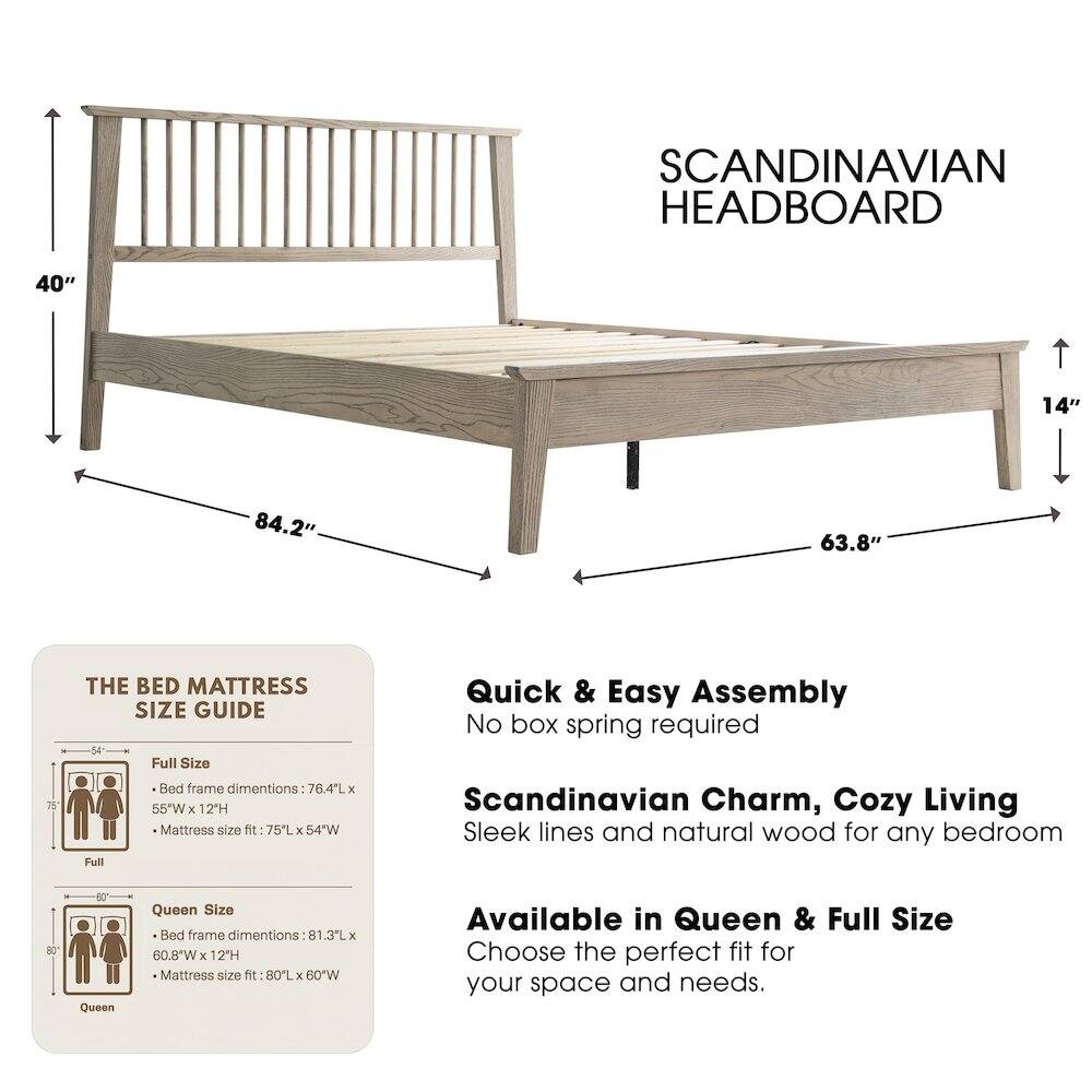 SCANDINAVIAN HEADBOARD

40" 14" 84.2" 63.8" 75

THE BED MATTRESS SIZE GUIDE

Full Size Bed frame dimensions: 76.4"L x 55"W x 12"H
Mattress size fit: 75"L x 54"W

Queen Size Bed frame dimensions: 81.3"L x 60.8"W x 12"H
Mattress size fit: 80"L x 60"W

Quick & Easy Assembly
No box spring required

Scandinavian Charm, Cozy Living
Sleek lines and natural wood for any bedroom

Available in Queen & Full Size
Choose the perfect fit for your space and needs.