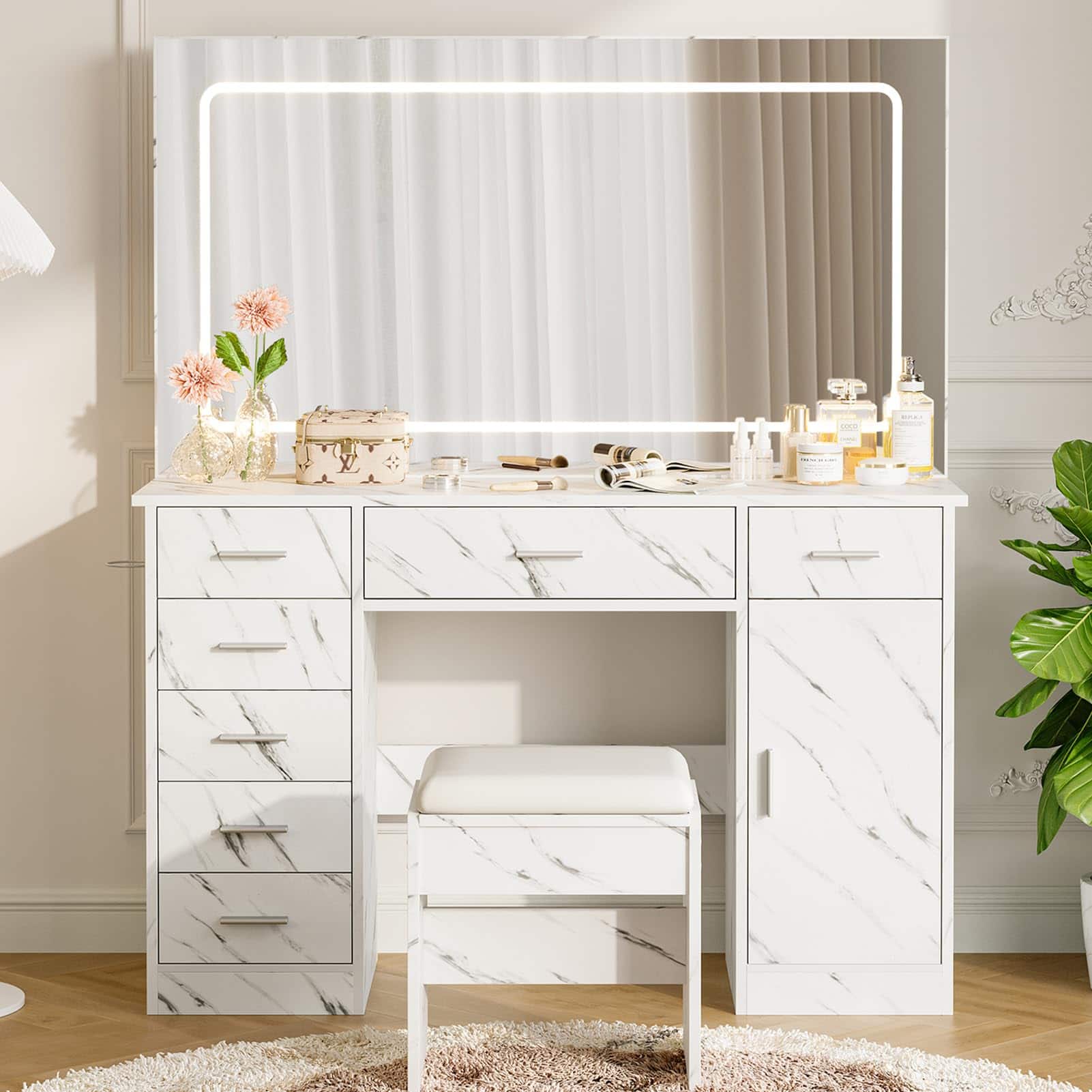 Babevy - Vanity Desk with Mirror & Lights, 7 Drawers, Charging Station, Hair Dryer Holder & Stool - Marble White