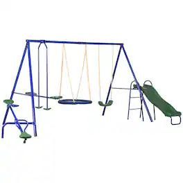 Outsunny - Swing Set, Backyard, 5 in 1 Heavy-Duty A-Frame Stand, Outdoor Playset, 29.5" Saucer Swing, Slide, Seesaw, Glider