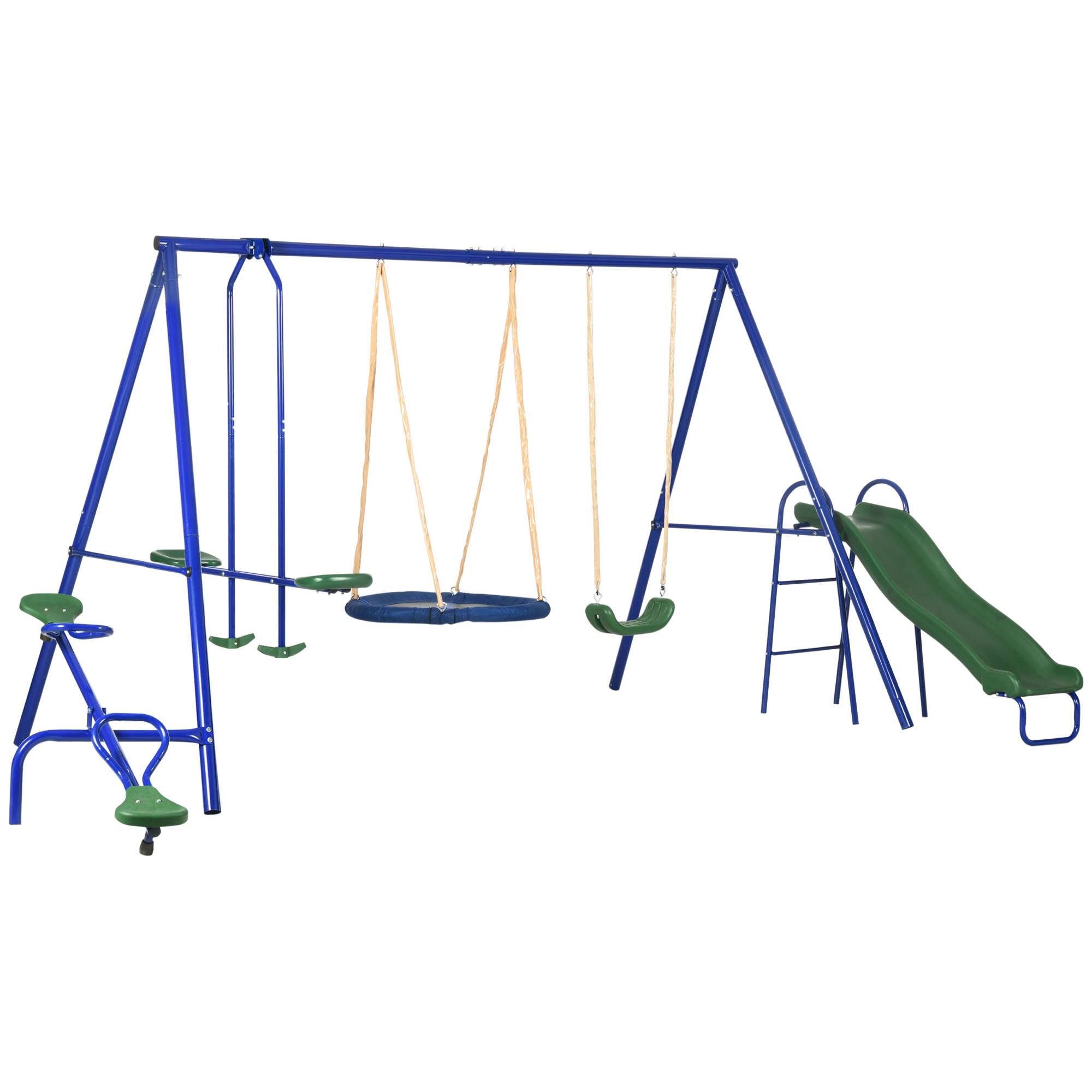 Front. Outsunny - Swing Set, Backyard, 5 in 1 Heavy-Duty A-Frame Stand, Outdoor Playset, 29.5" Saucer Swing, Slide, Seesaw, Glider.