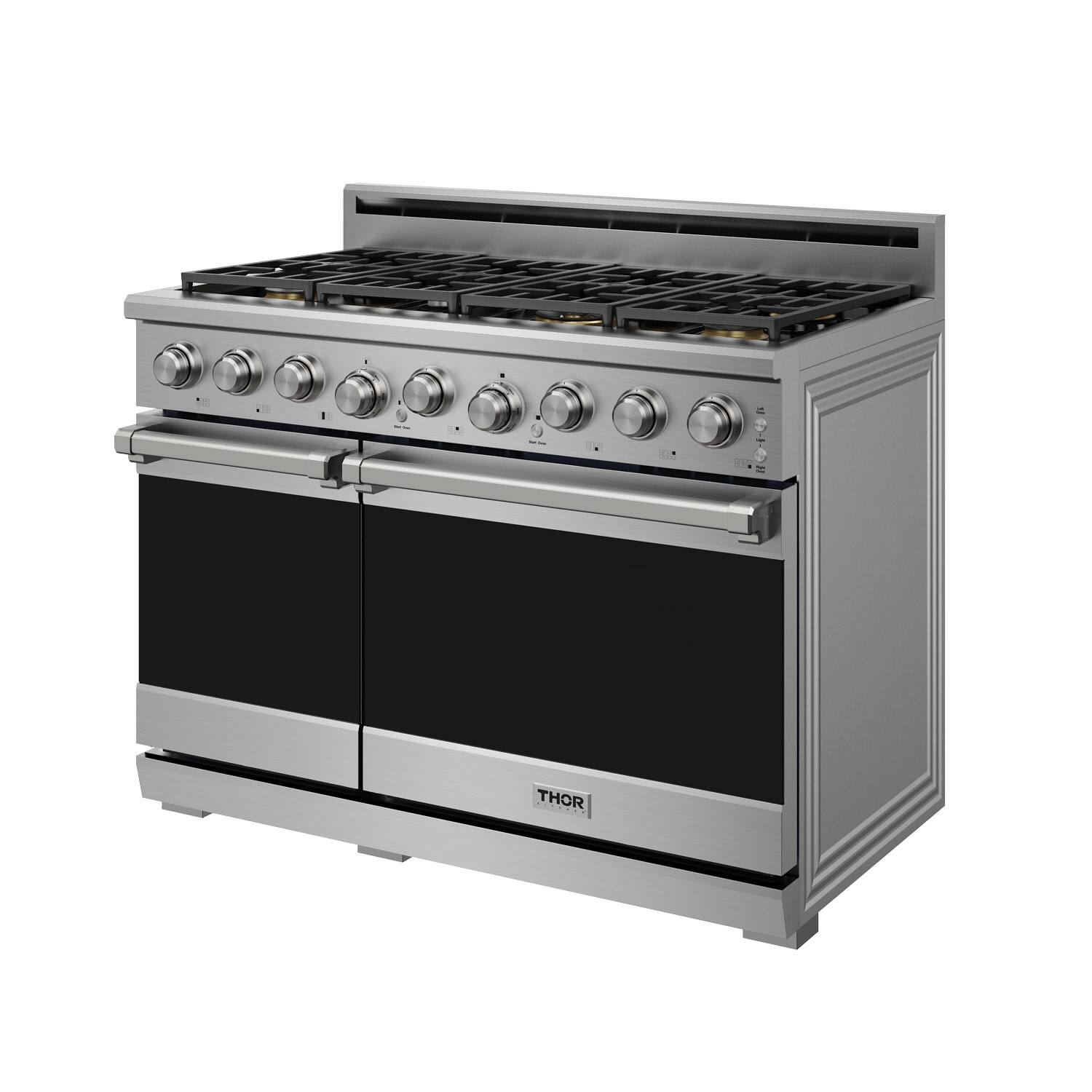 Left. Thor Kitchen - 7.6 Cu Ft. Freestanding Liquid Propane Double Oven Gas Range with Infrared Broiler - Stainless Steel.