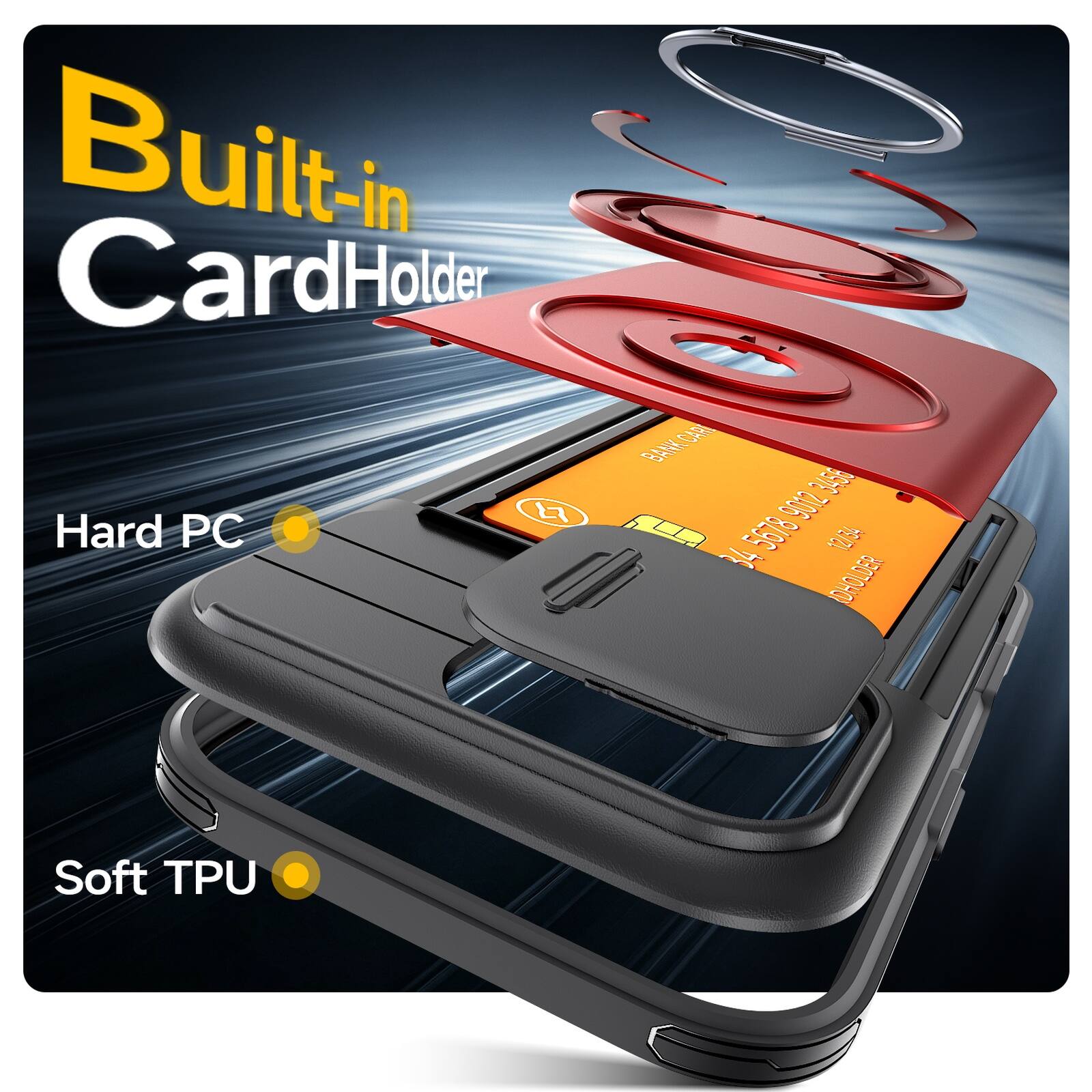 Built-in CardHolder  
BANKCARD  
CAE 9012 3458 E  
Hard PC  
F 5678 12/54  
= 34  
DHOLDER  
Soft TPU