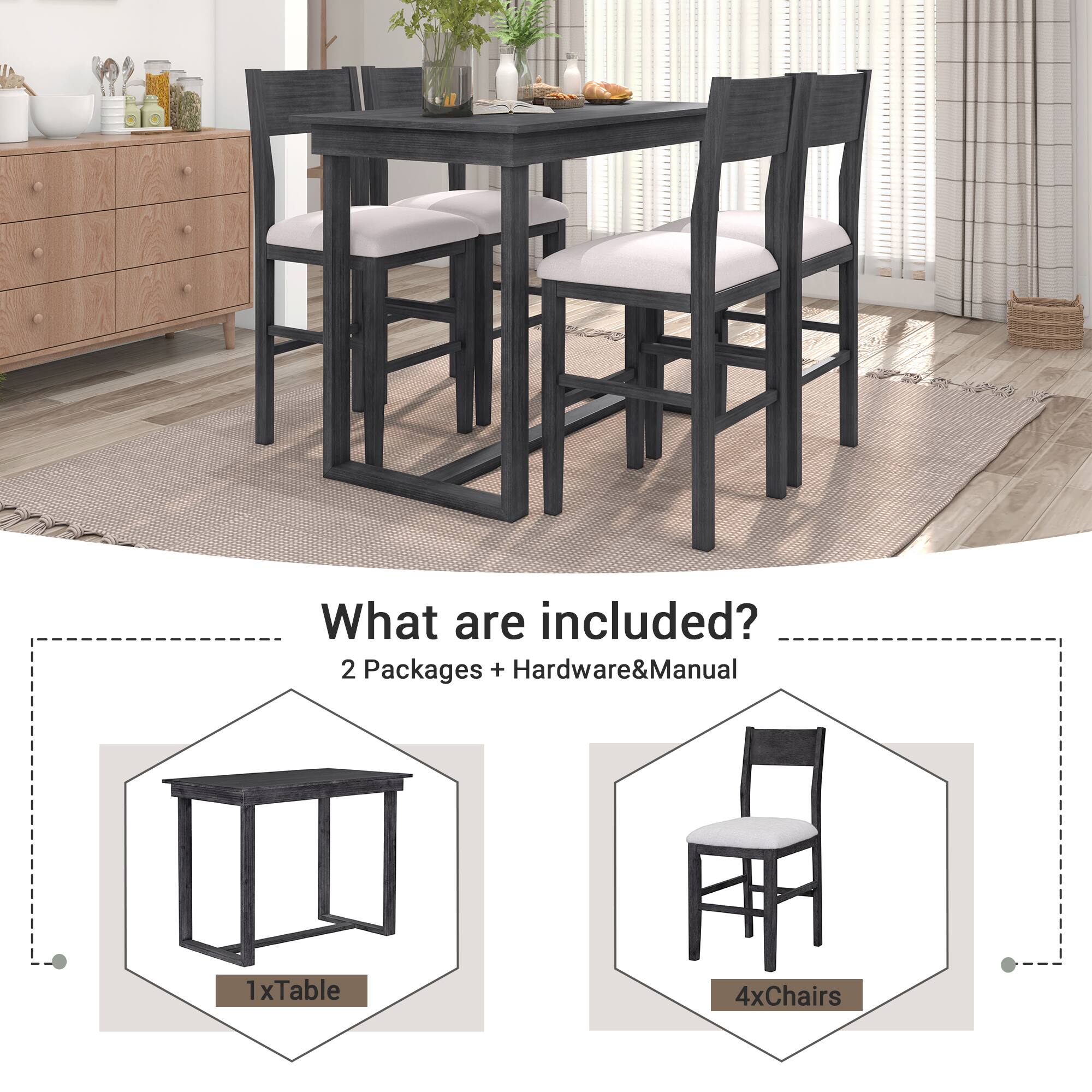 What are included?

2 Packages + Hardware & Manual

1x Table

4x Chairs