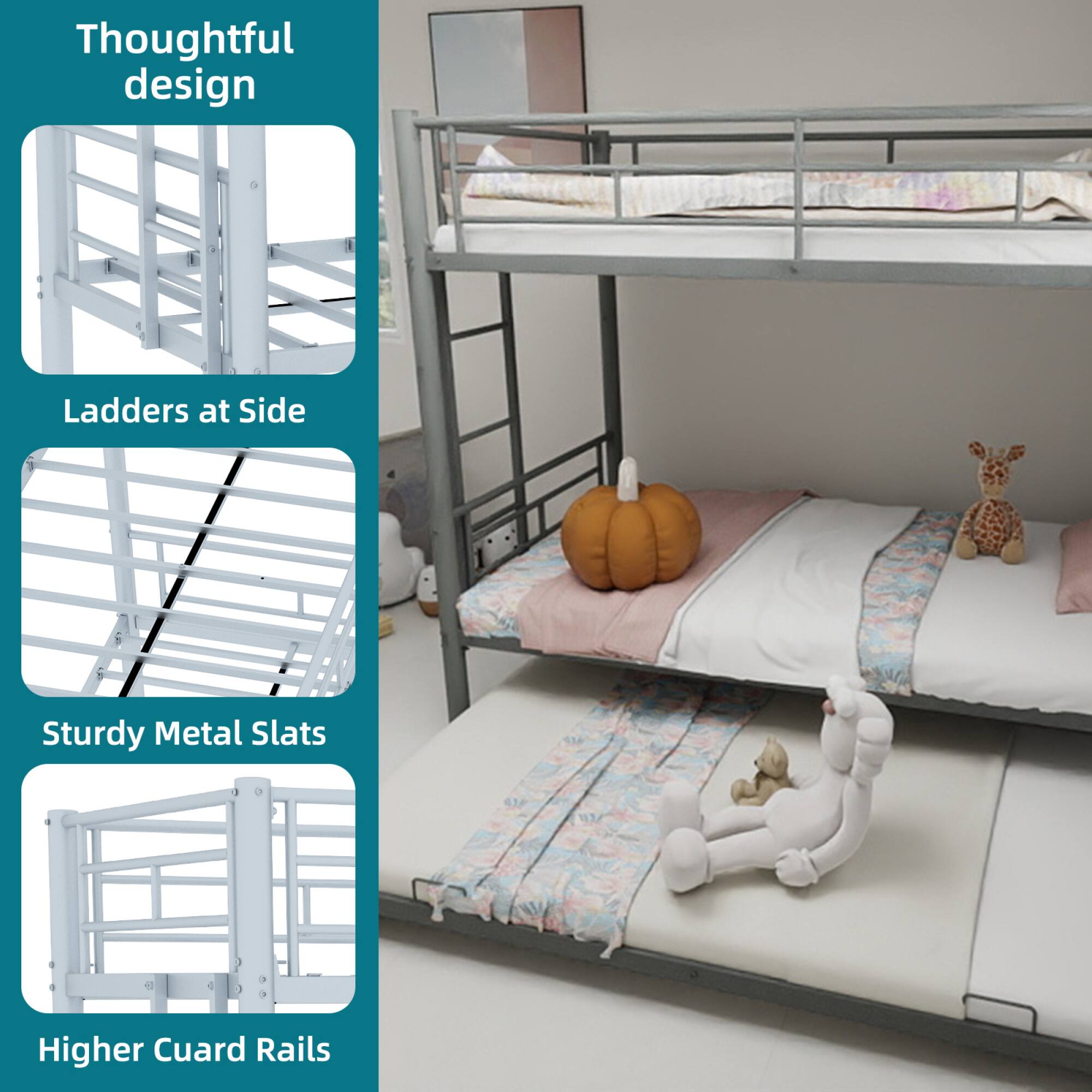 Thoughtful design

- Ladders at Side
- Sturdy Metal Slats
- Higher Guard Rails