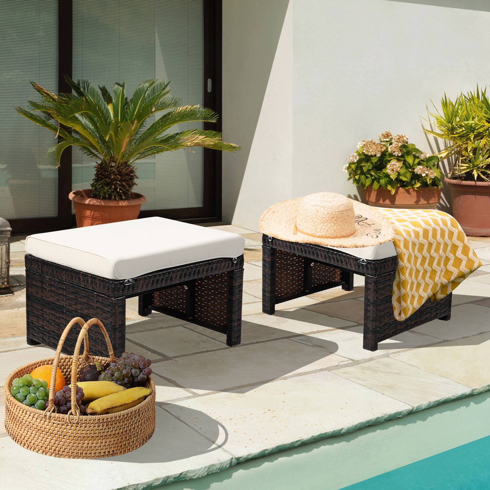 Alt View 2. Gymax - Gymax Set of 2 Rattan Ottoman Footrest Footstool Patio Furniture w/ White Cushion - White.