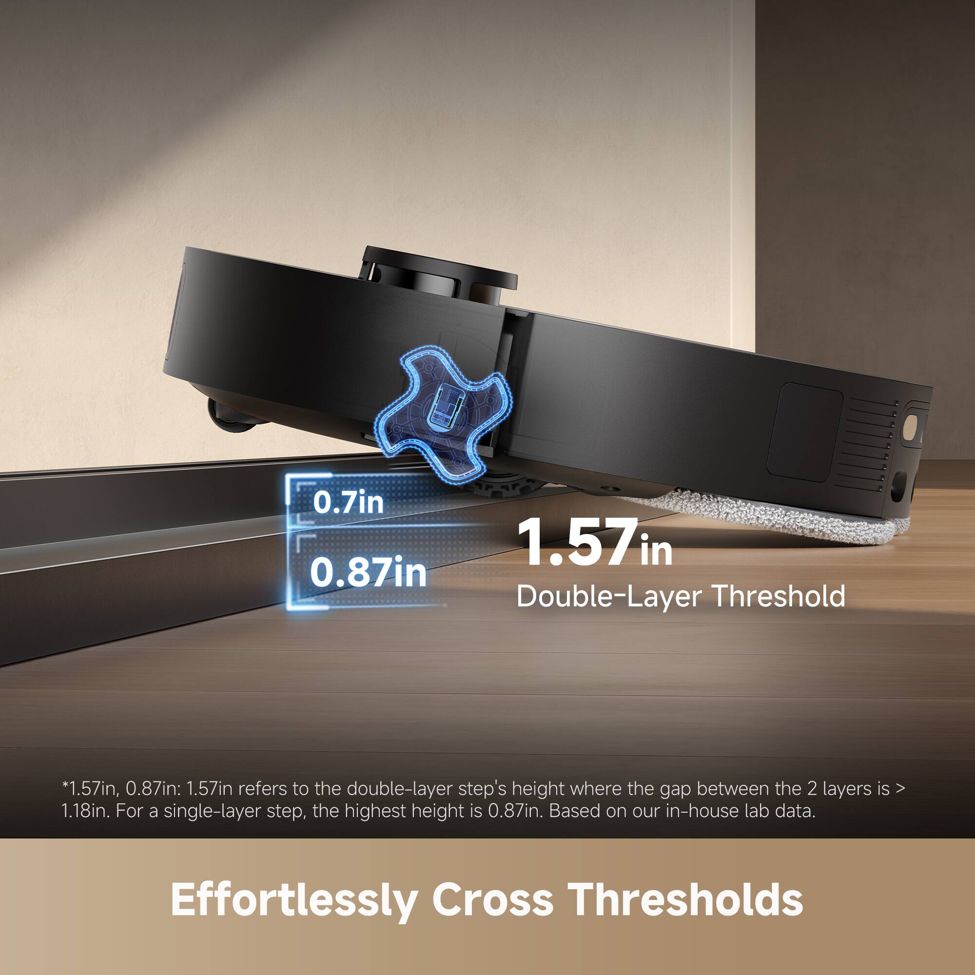0.7in  
1.57in  
0.87in  

Double-Layer Threshold  
*1.57in, 0.87in: 1.57in refers to the double-layer step's height where the gap between the 2 layers is > 1.18in. For a single-layer step, the highest height is 0.87in. Based on our in-house lab data.  

Effortlessly Cross Thresholds  

1.57in  
Double-Layer Threshold  

*1.57in, 0.87in: 1.57in refers to the double-layer step's height where the gap between the 2 layers is > 1.18in. For a single-layer step, the highest height is 0.87in. Based on our in-house lab data.