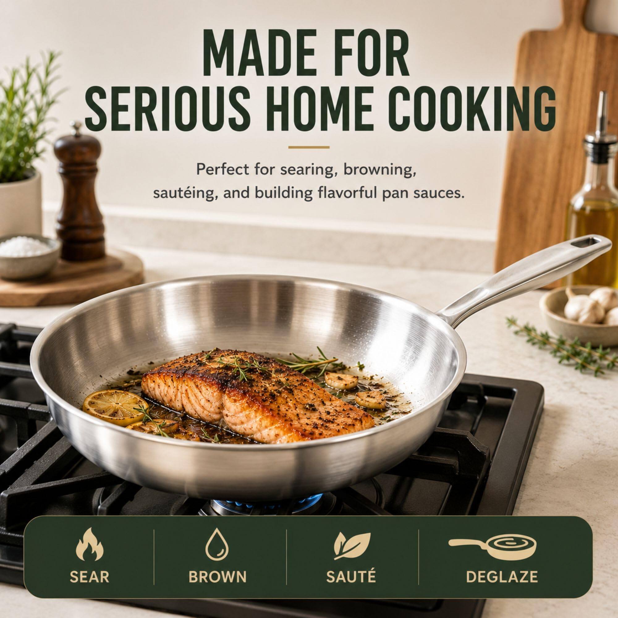 MADE FOR SERIOUS HOME COOKING

Perfect for searing, browning, sautéing, and building flavorful pan sauces.

SEAR
BROWN
SAUTÉ
DEGLAZE