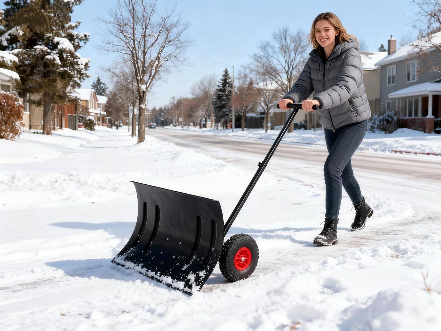 Front. Babevy - 29" Wheeled Snow Shovel Pusher, Adjustable Handle & Angled Blade, Heavy Duty Metal Snow Plow for Driveway - Black.