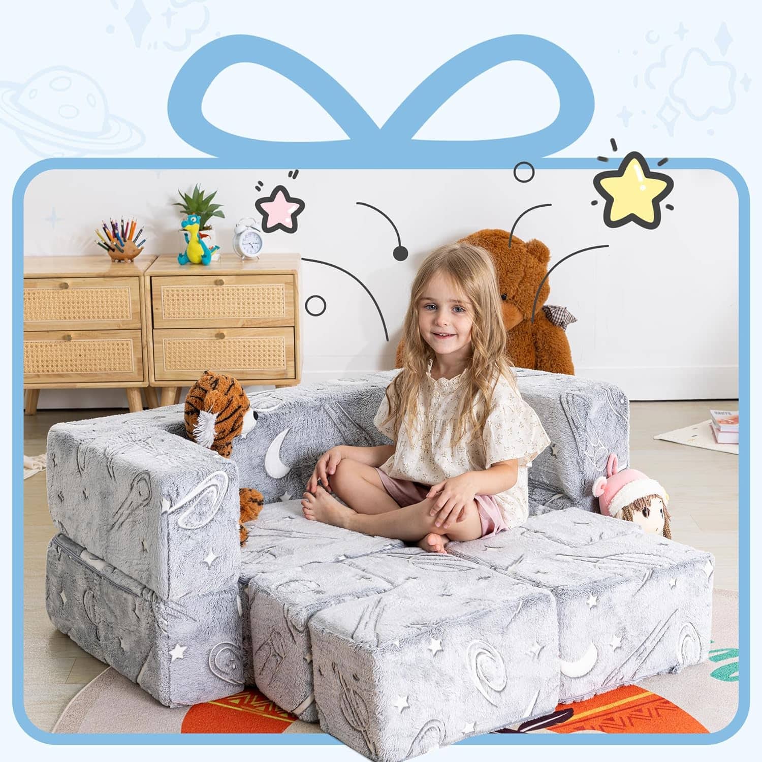 Front. Vipbear - Vipbear Kids Sofa ,Gray - Green.