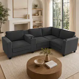 Anysun - L-Shape 4-Seat Corduroy Sofa with Storage Armrests, Center Console & USB Charging. - Gray