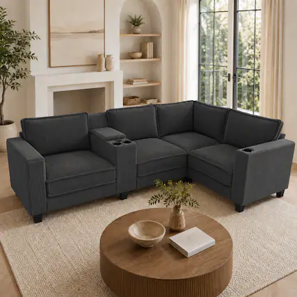 Front. Anysun - L-Shape 4-Seat Corduroy Sofa with Storage Armrests, Center Console & USB Charging. - Gray.