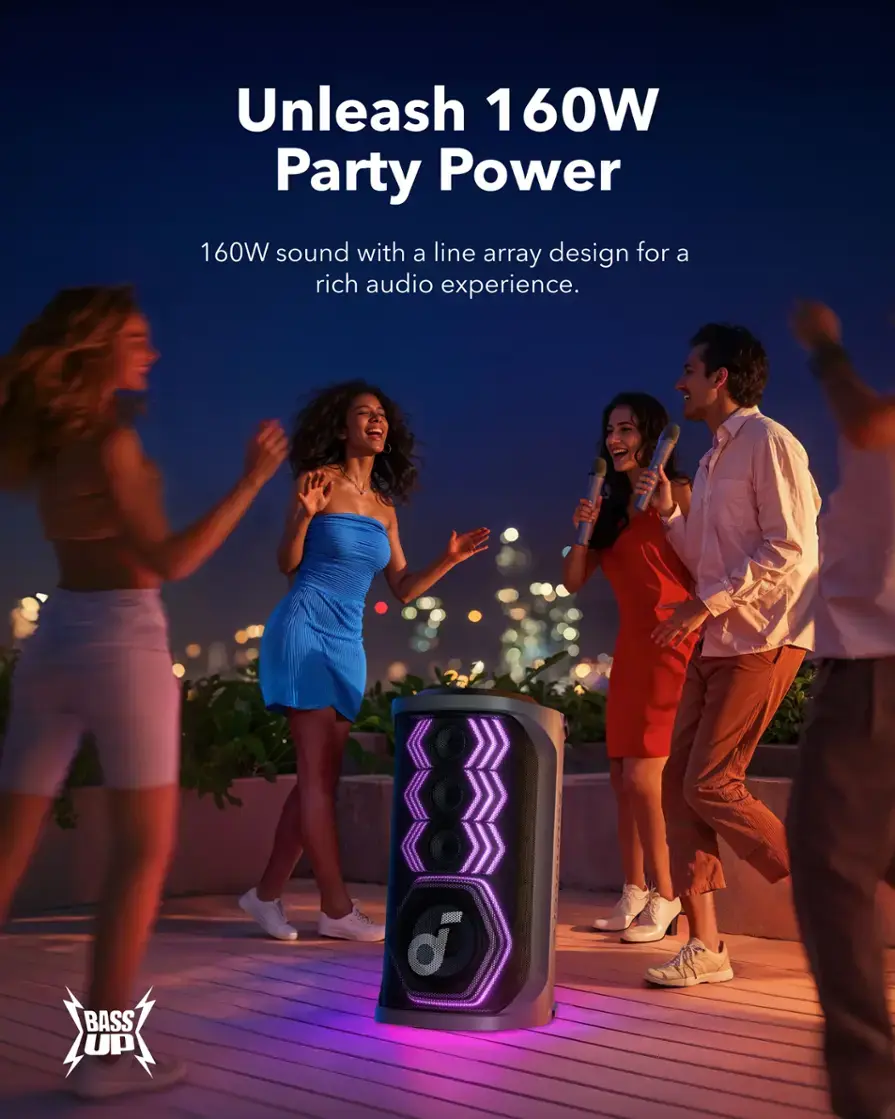 Unleash 160W Party Power: 160W sound with a line array design for a rich audio experience.