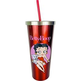 Spoontiques - Betty Boop Double Wall Insulated Stainless Steel Tumbler Travel Cup with Straw 24 ounce - Red