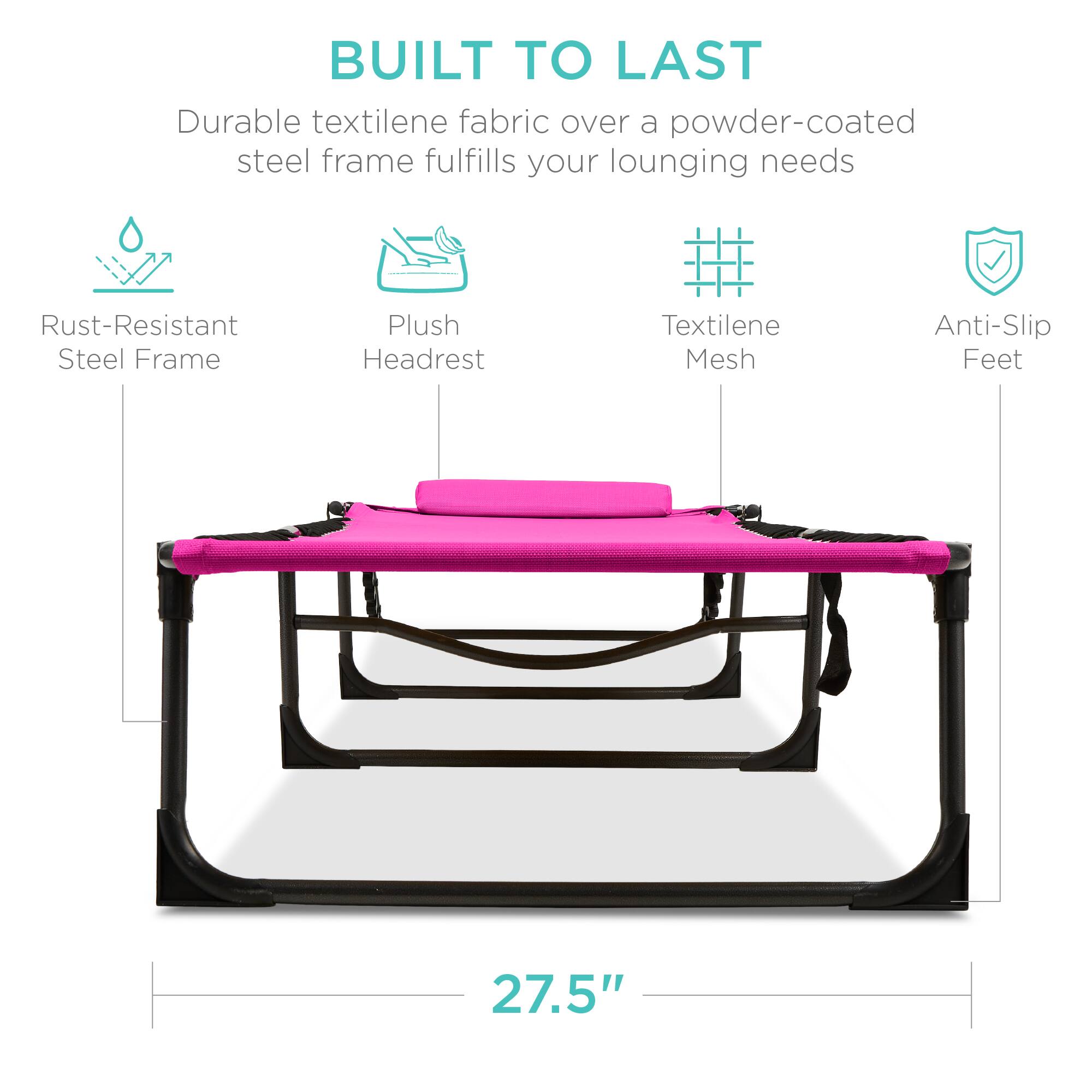 BUILT TO LAST

Durable textilene fabric over a powder-coated steel frame fulfills your lounging needs

- Rust-Resistant Steel Frame
- Plush Headrest
- Textilene Mesh
- Anti-Slip Feet

27.5"