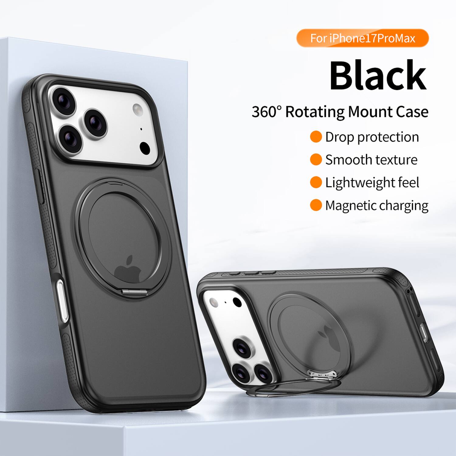 For iPhone 17 Pro Max  
Black  
360° Rotating Mount Case  
- Drop protection  
- Smooth texture  
- Lightweight feel  
- Magnetic charging