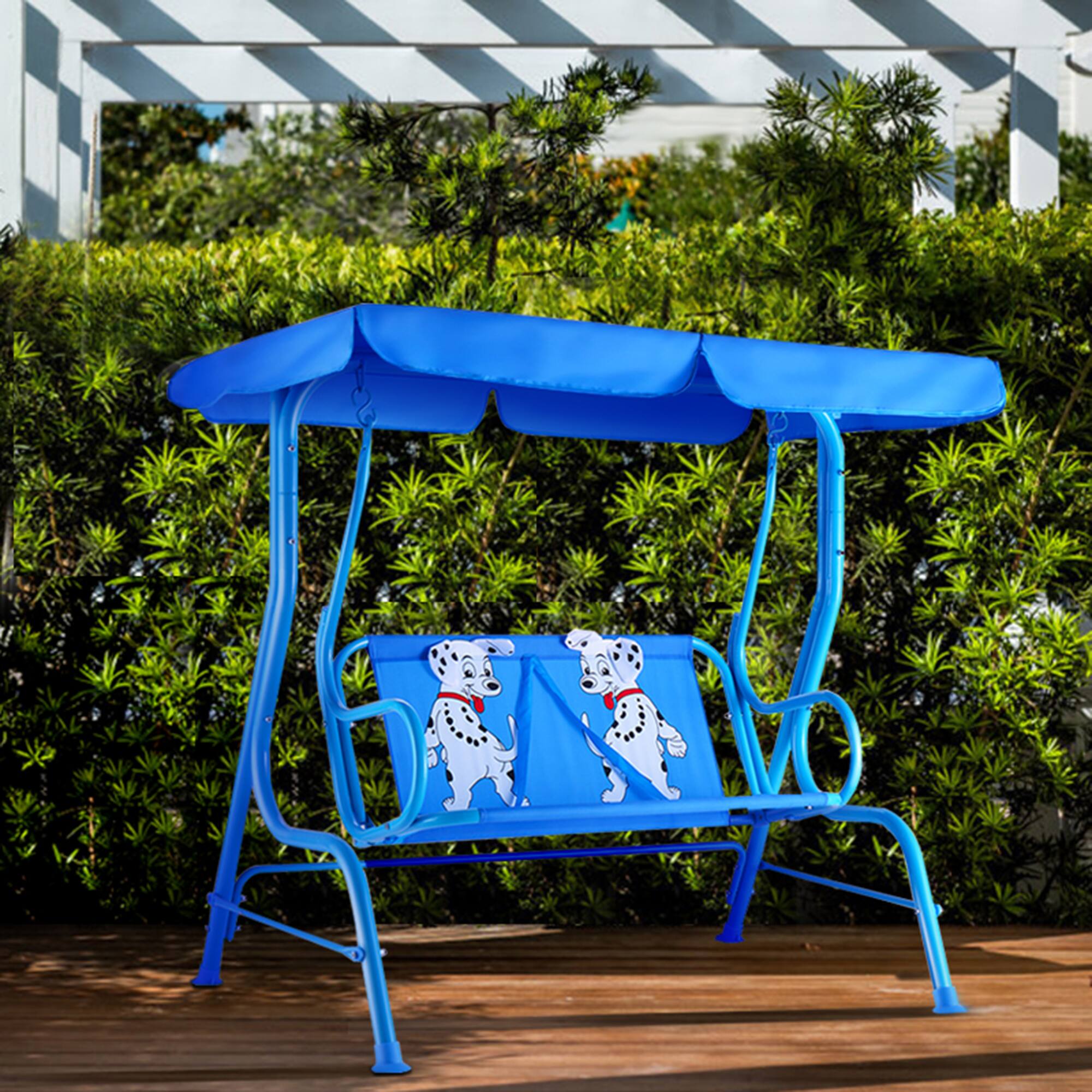 Alt View 4. Gymax - Gymax Kids Patio Porch Bench Swing w/ Safety Belt Canopy Outdoor Furniture Blue - Blue.