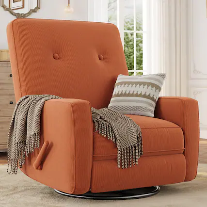Front. Acekool - 360° Swivel Rocker Recliner, Corduroy Mamual Recliner Chair for Nursery, Living Room, Bedroom & Small Spaces - Orange.