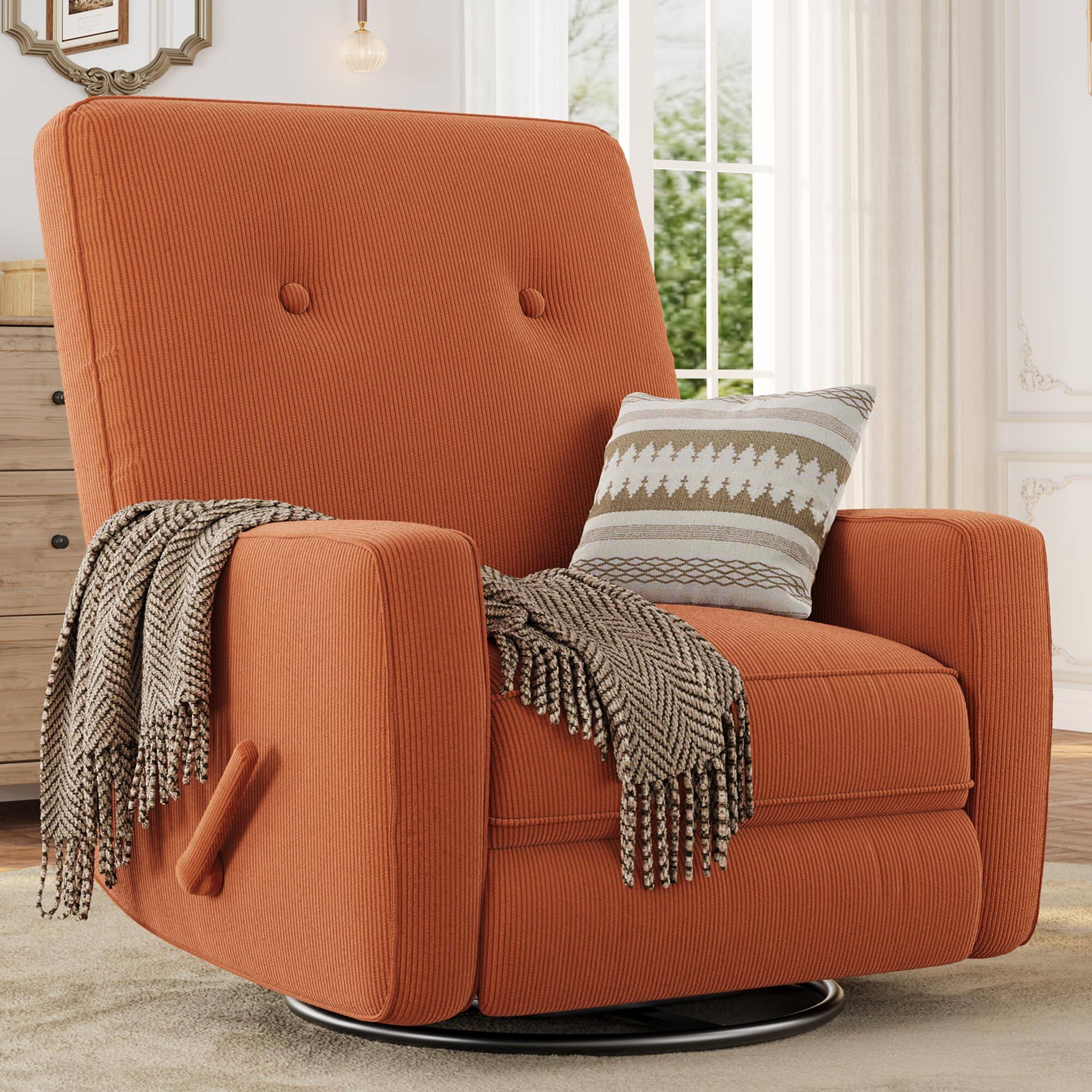 Acekool - 360° Swivel Rocker Recliner, Corduroy Mamual Recliner Chair for Nursery, Living Room, Bedroom & Small Spaces - Orange
