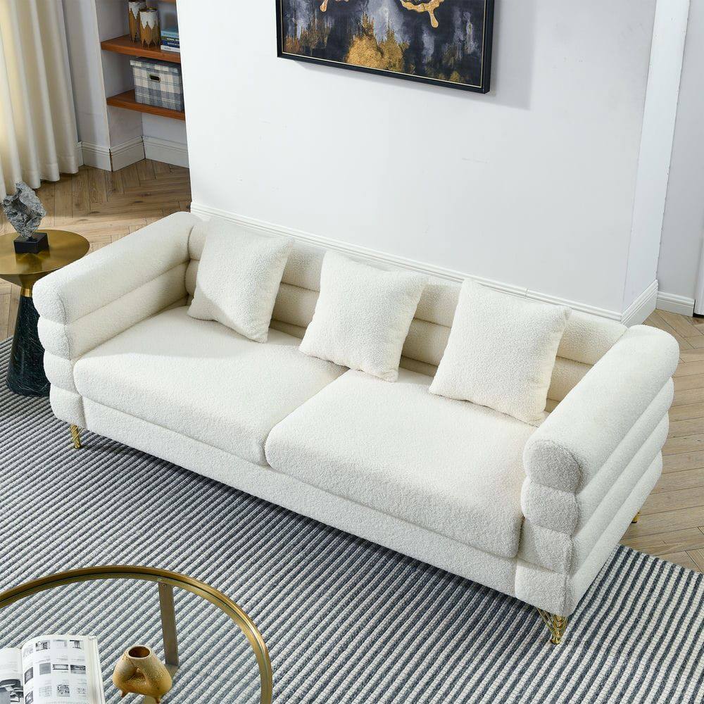 Angle. Resenkos - 81" 3-Seater Sectional Sofa, Plush Teddy Fabric with Deep Comfort and 3 Included Pillows, Ivory White - White.