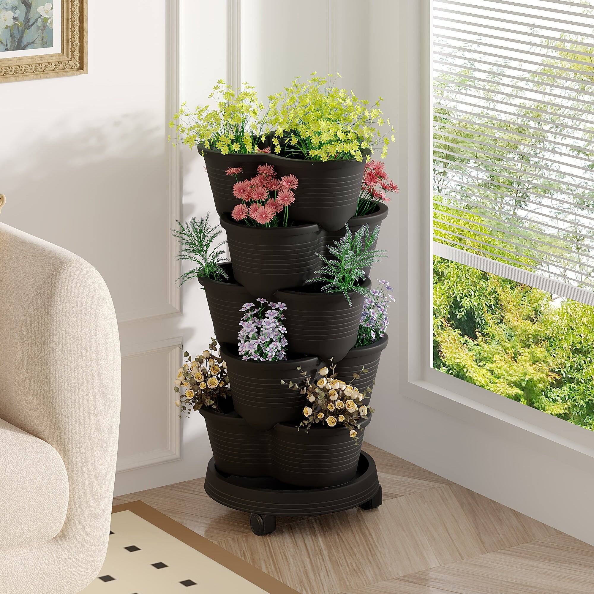 Vecelo - 5-Tier Stackable Vertical Garden Planter with Drainage and Wheels for Indoor Outdoor Strawberry & Herb Growing