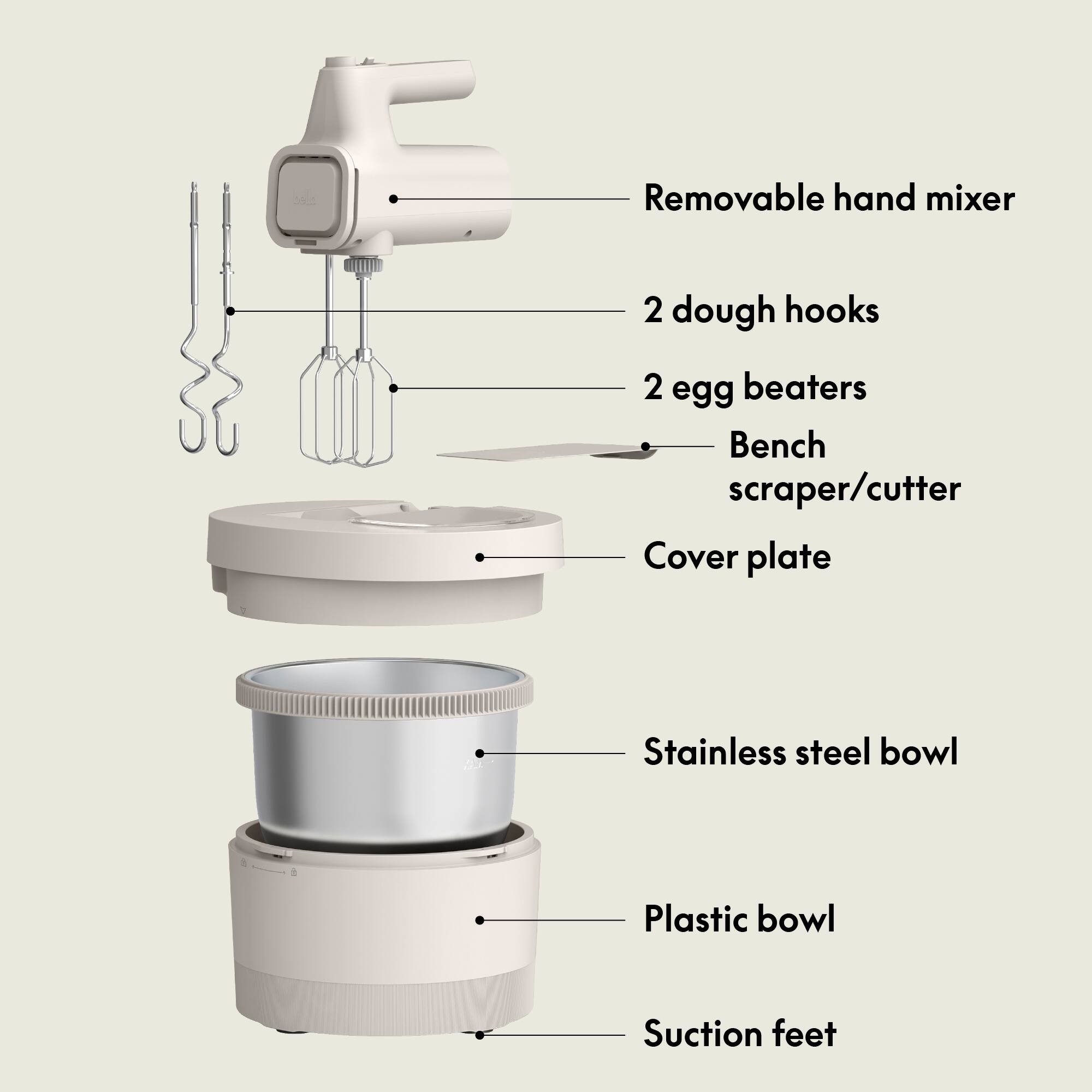 - Removable hand mixer
- 2 dough hooks
- 2 egg beaters
- Bench scraper/cutter
- Cover plate
- Stainless steel bowl
- Plastic bowl
- Suction feet