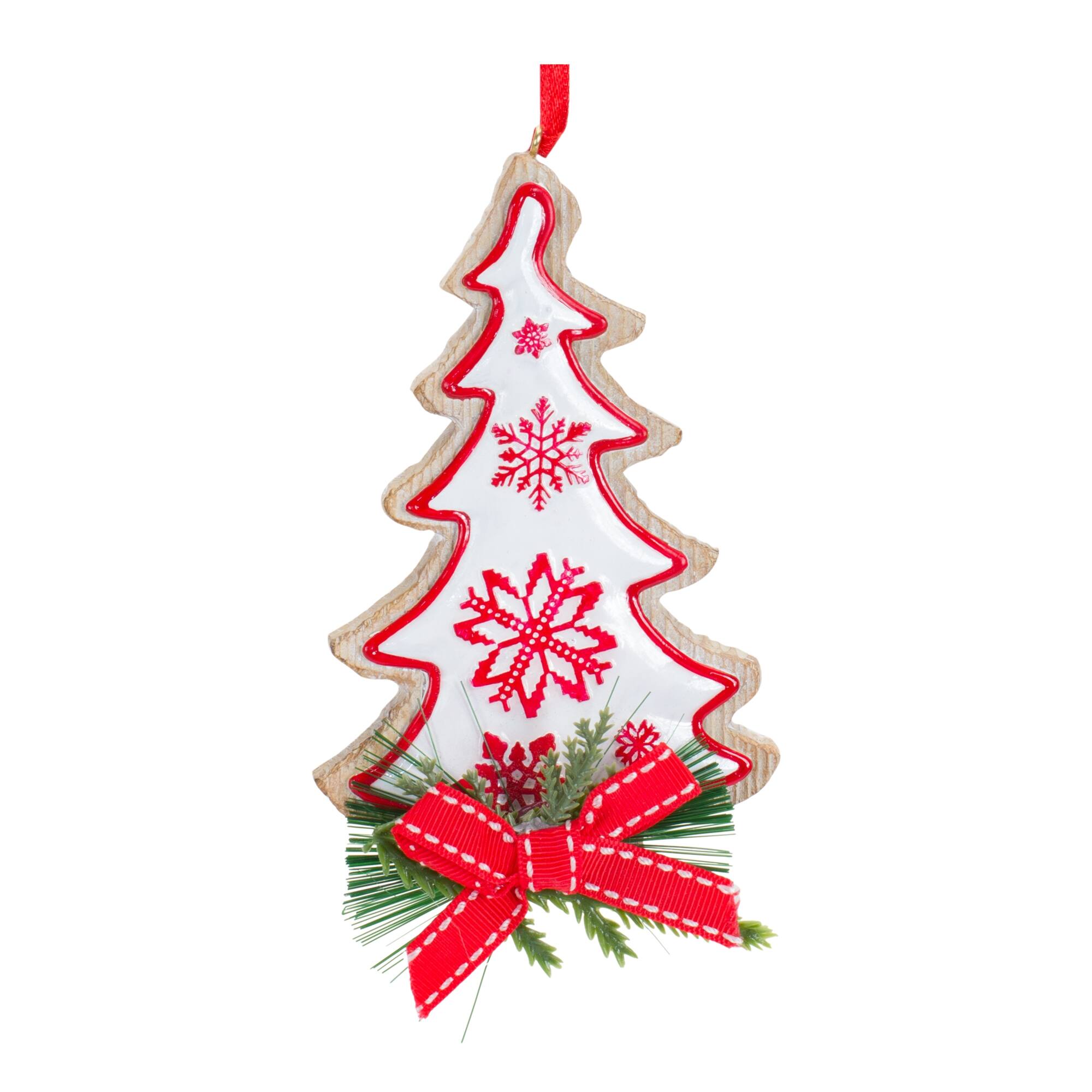 Alt View 2. BreeBe - Nordic Snowflake Character Tree Ornament with Pine Bow Accent (Set of 6) - White, Red, Green.