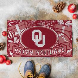 Evergreen Enterprises - Oklahoma Sooners 28" x 16" Happy Holidays Christmas Turf Door Mat - Multicolor